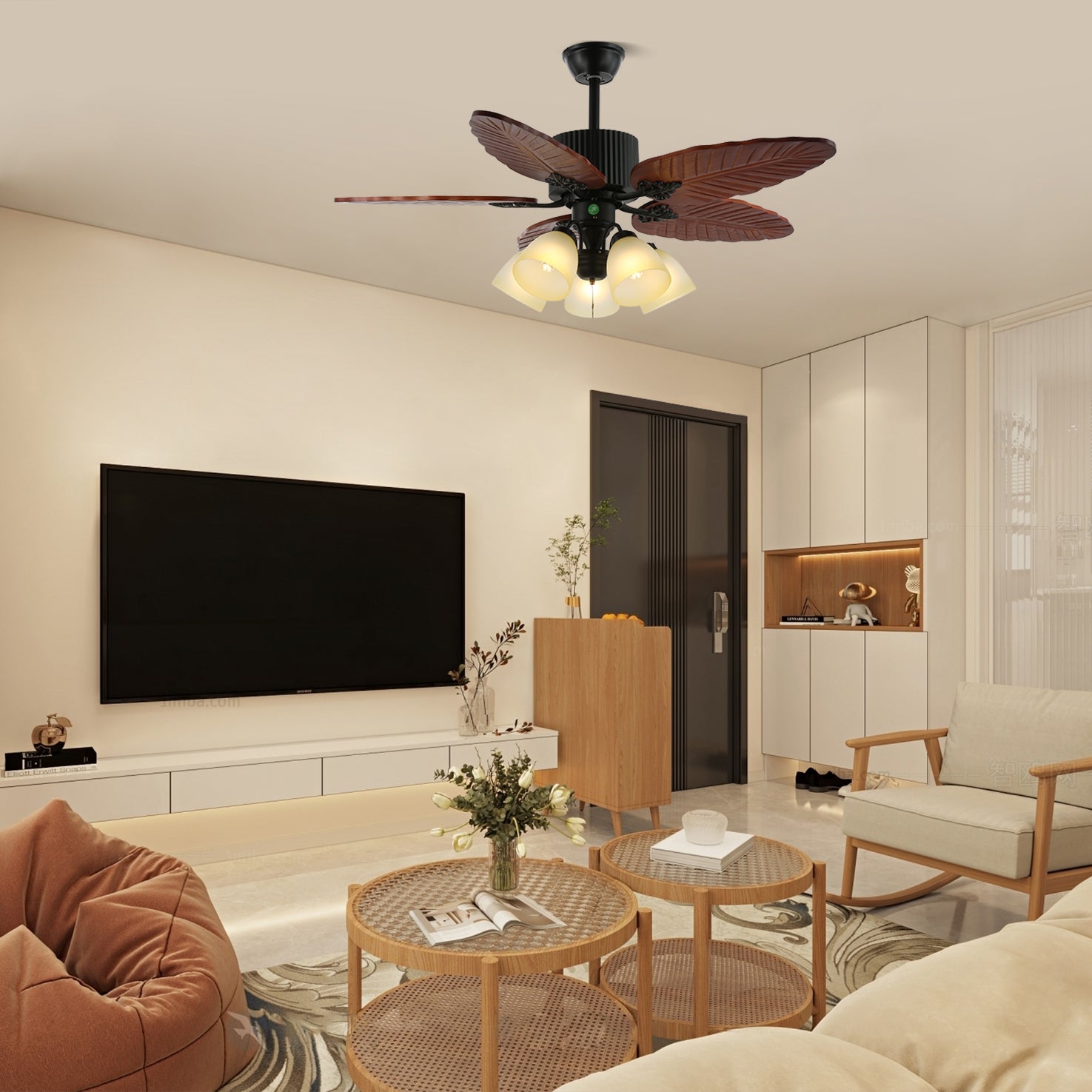 Elara Tropical Wood Glass Ceiling Fan Light - Letslighting