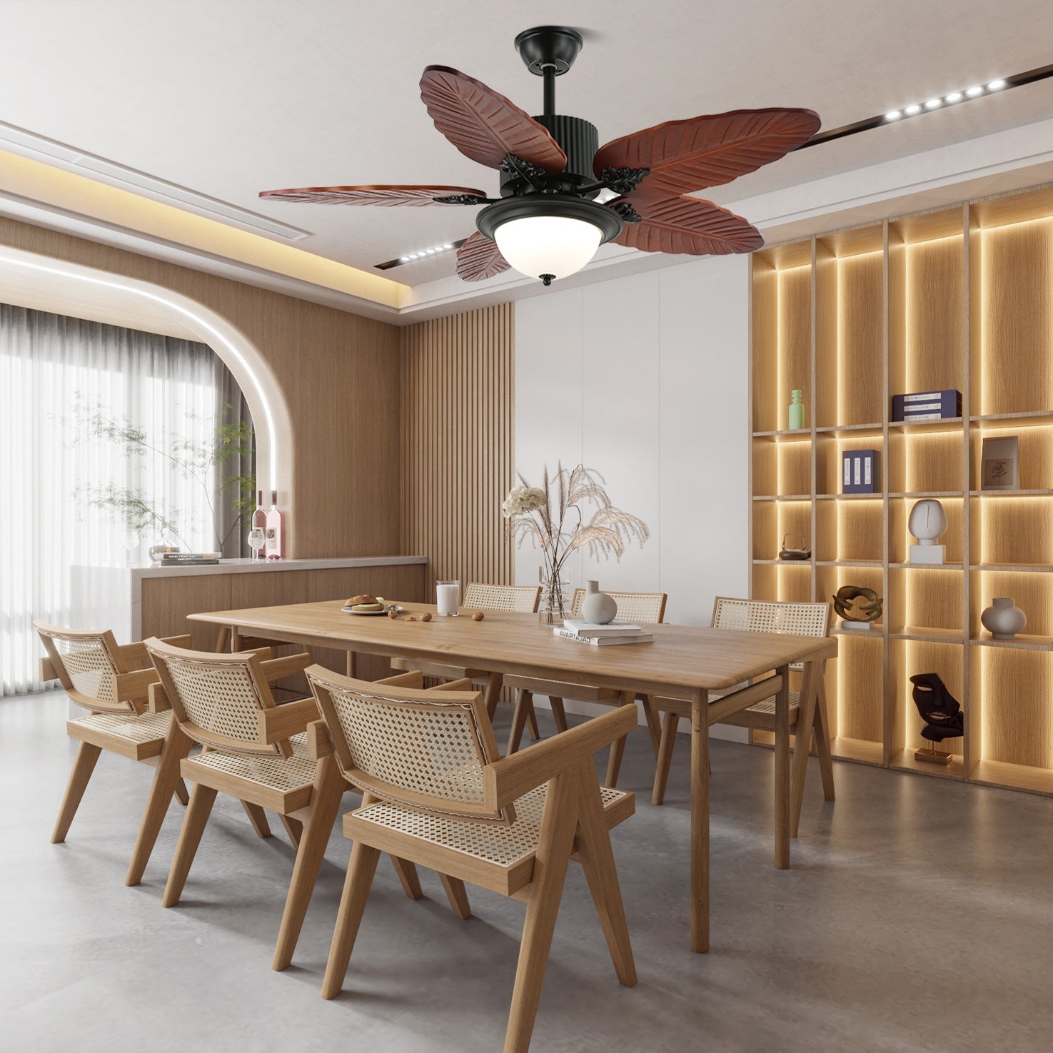 Elara Tropical Wood Glass Ceiling Fan Light - Letslighting