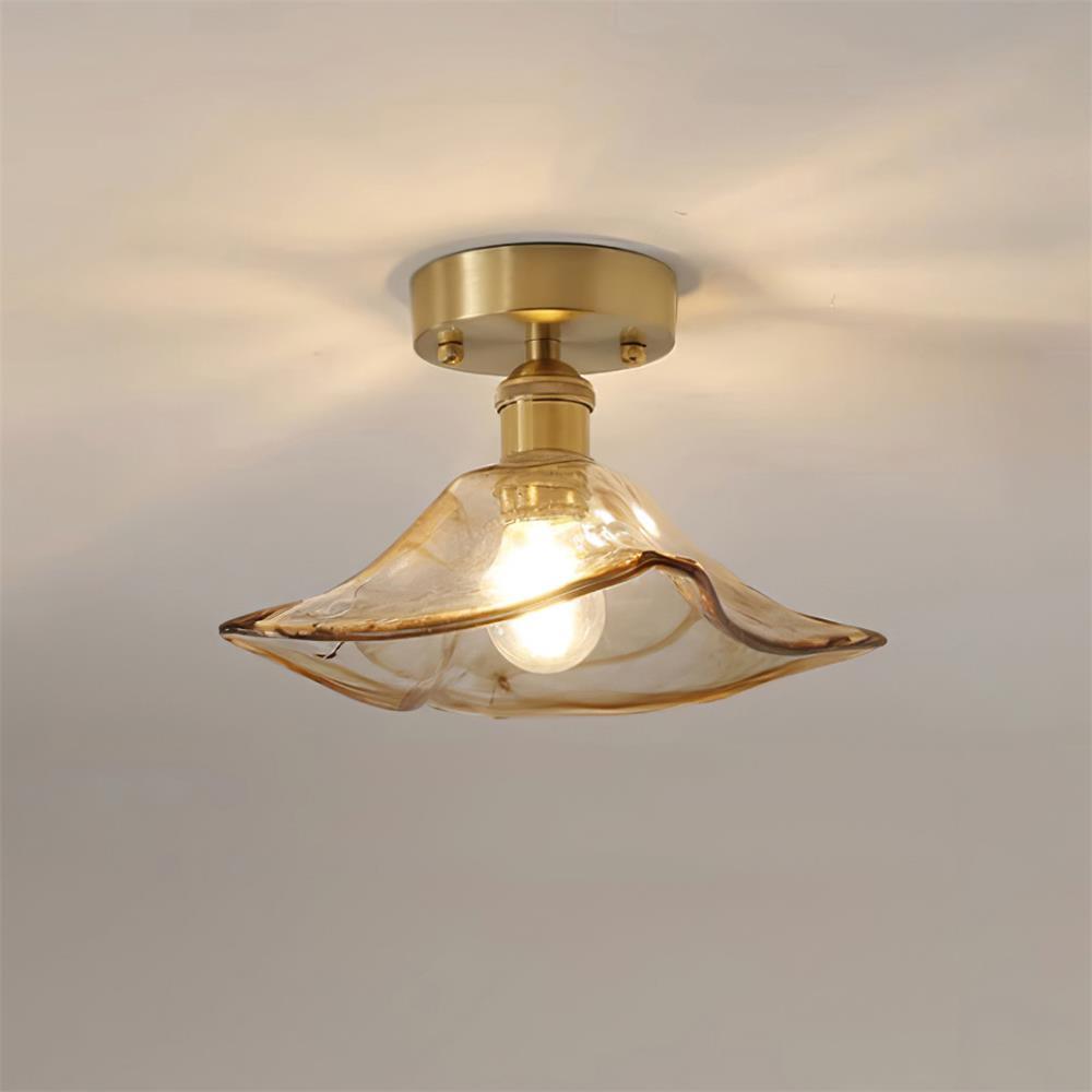 Ceiling Light Amber Swirl Glass Shade Brass Vintage Industrial - Letslighting