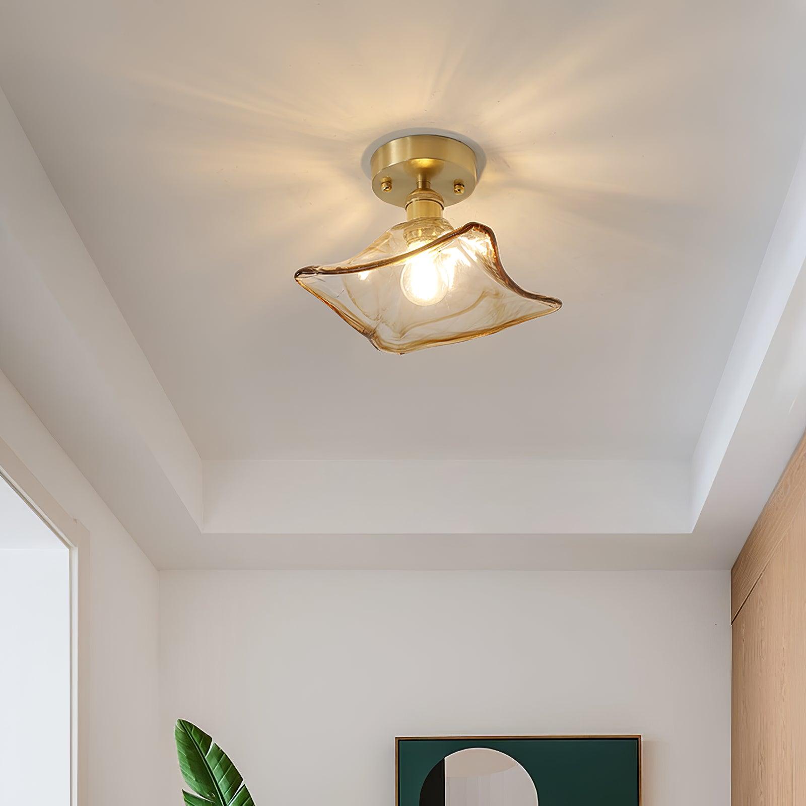 Ceiling Light Amber Swirl Glass Shade Brass Vintage Industrial - Letslighting