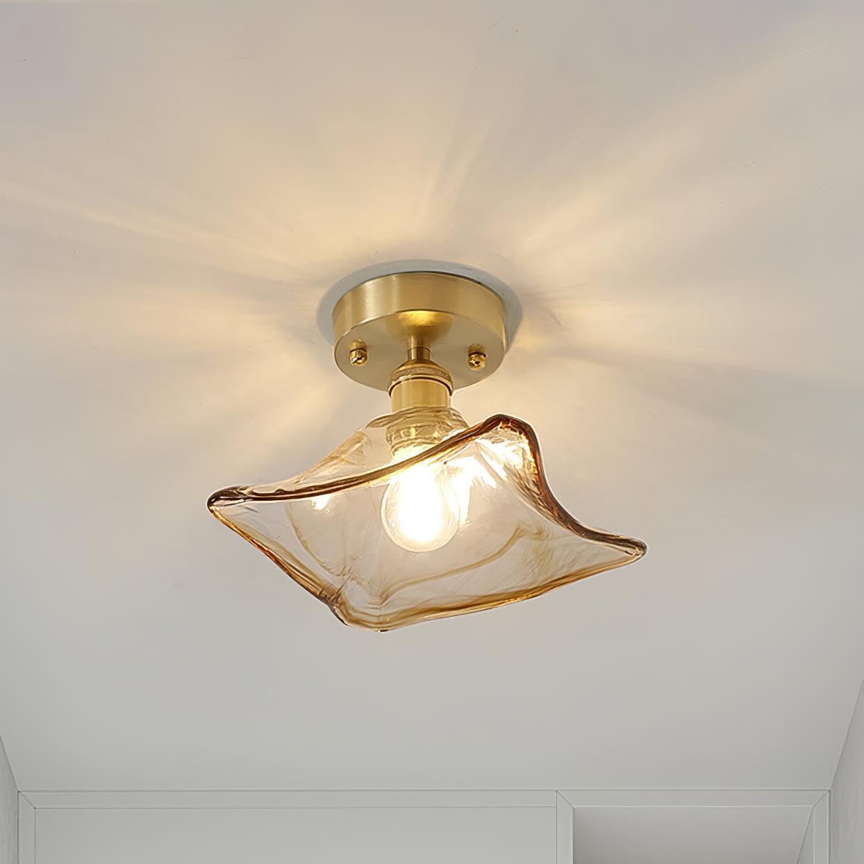 Ceiling Light Amber Swirl Glass Shade Brass Vintage Industrial - Letslighting