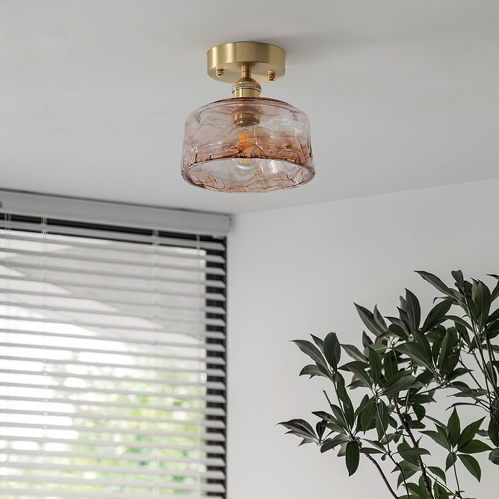 Ceiling Light Amber Swirl Glass Shade Brass Vintage Industrial - Letslighting