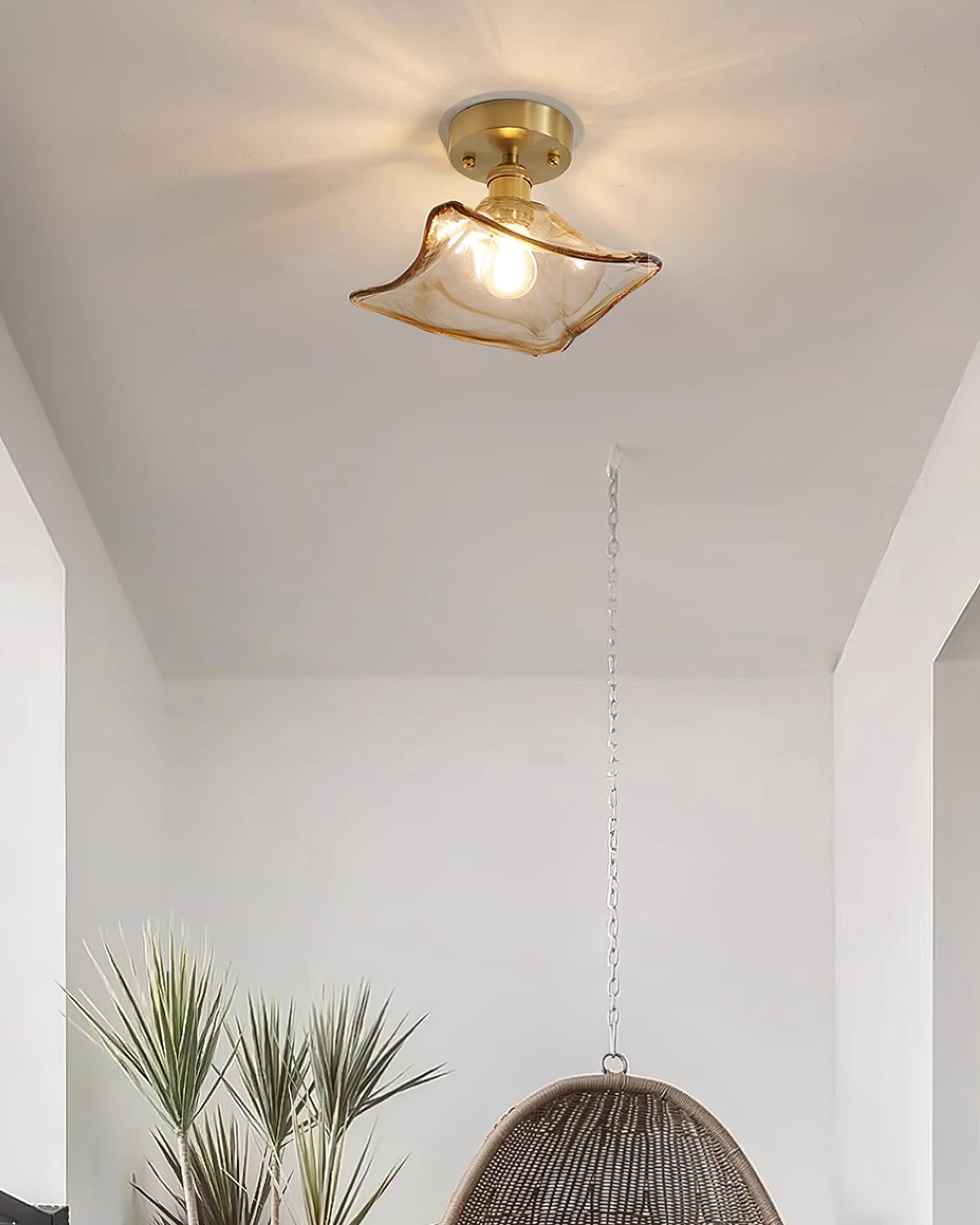 Ceiling Light Amber Swirl Glass Shade Brass Vintage Industrial - Letslighting