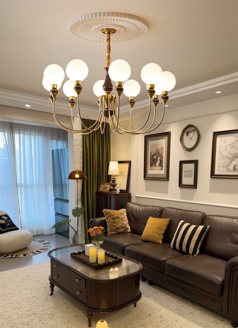Lustra Chandelier Brass Arms Frosted Glass Globes - Letslighting