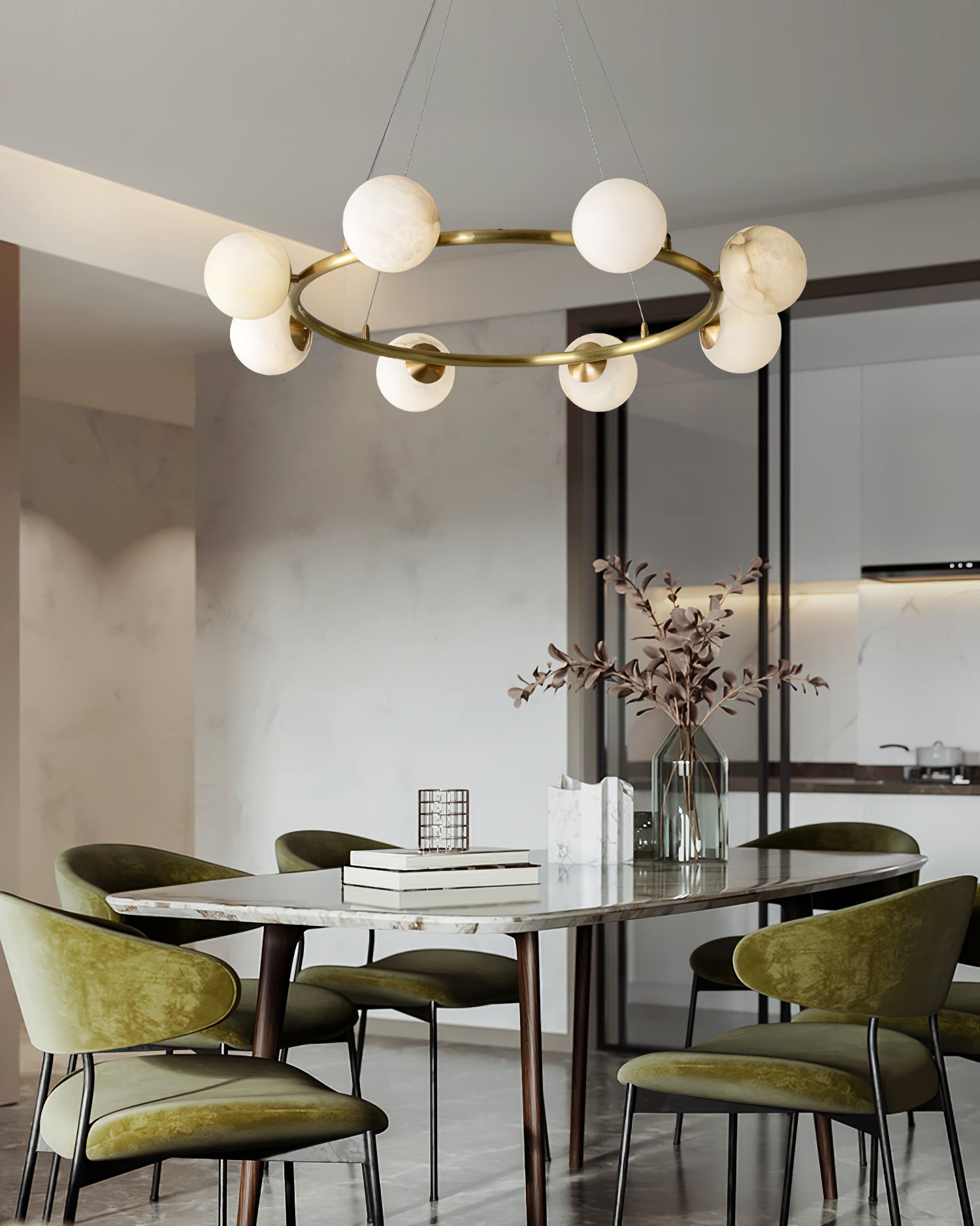 Helix Chandelier Alabaster Globe Halo - Letslighting