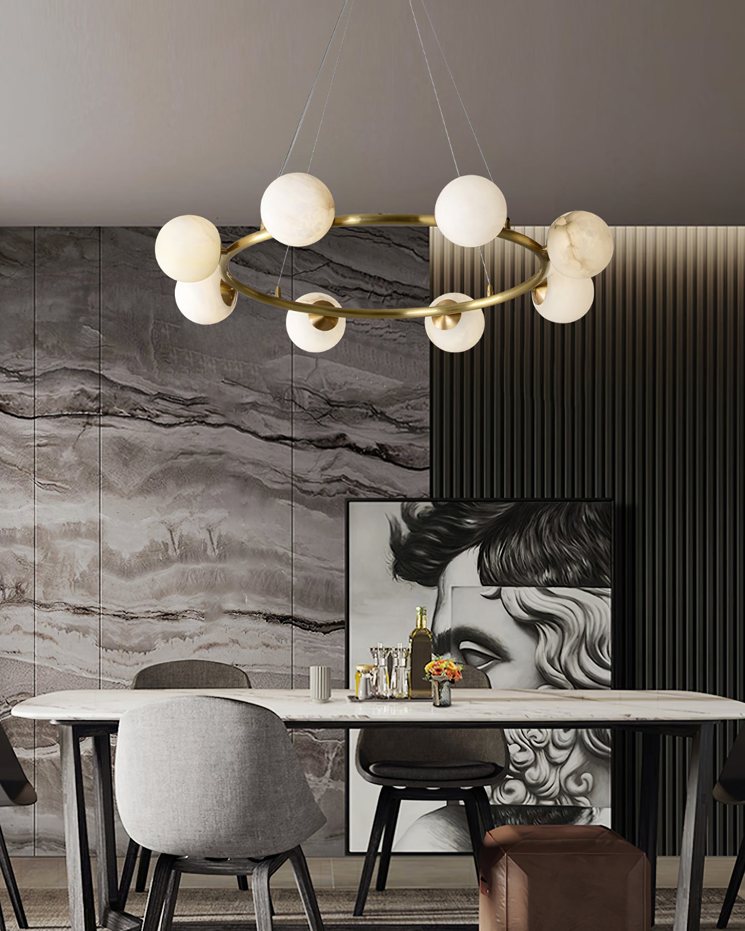 Helix Chandelier Alabaster Globe Halo - Letslighting