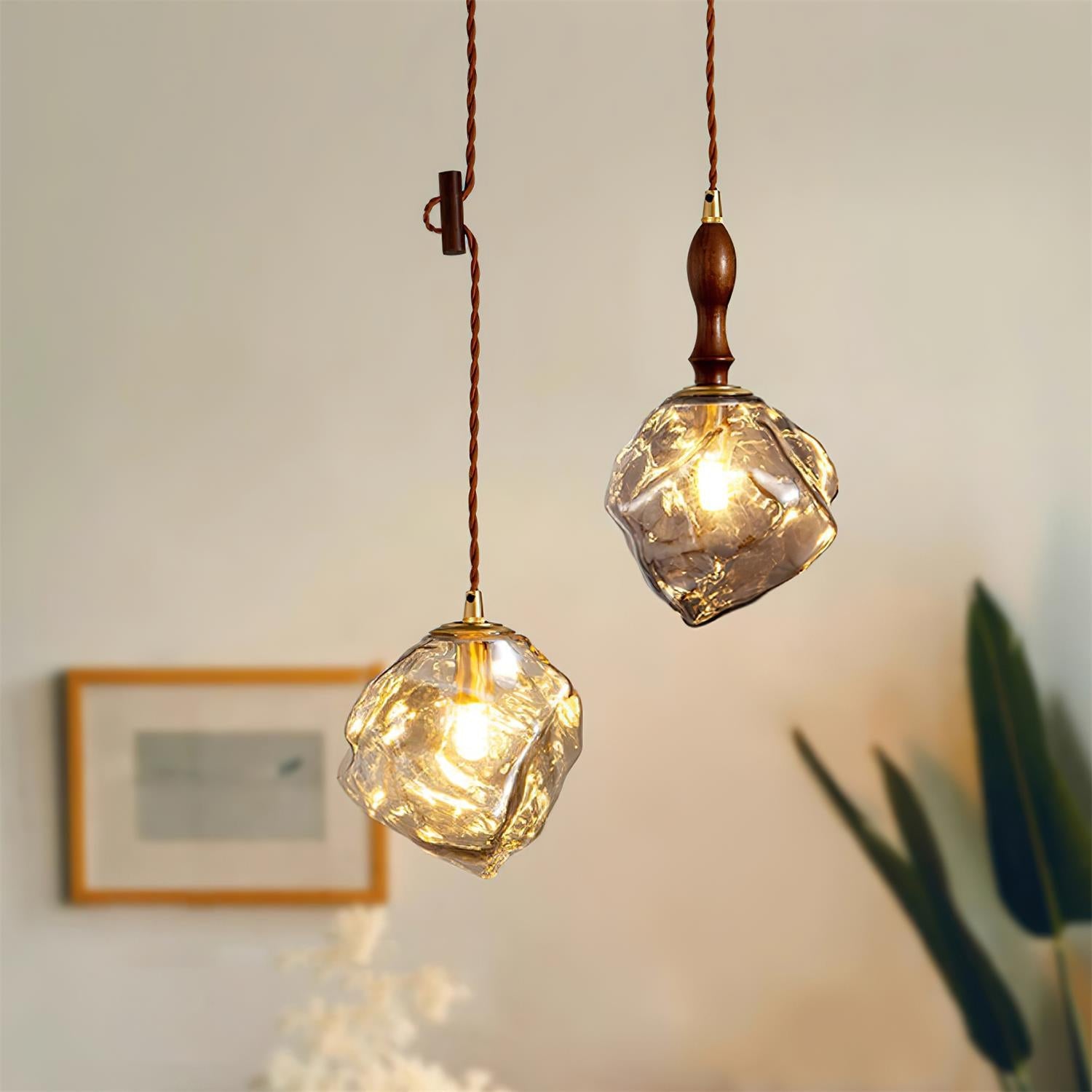 Pendant Lamp Walnut Wood Glass Cube Shade Sculptural Chic - Letslighting