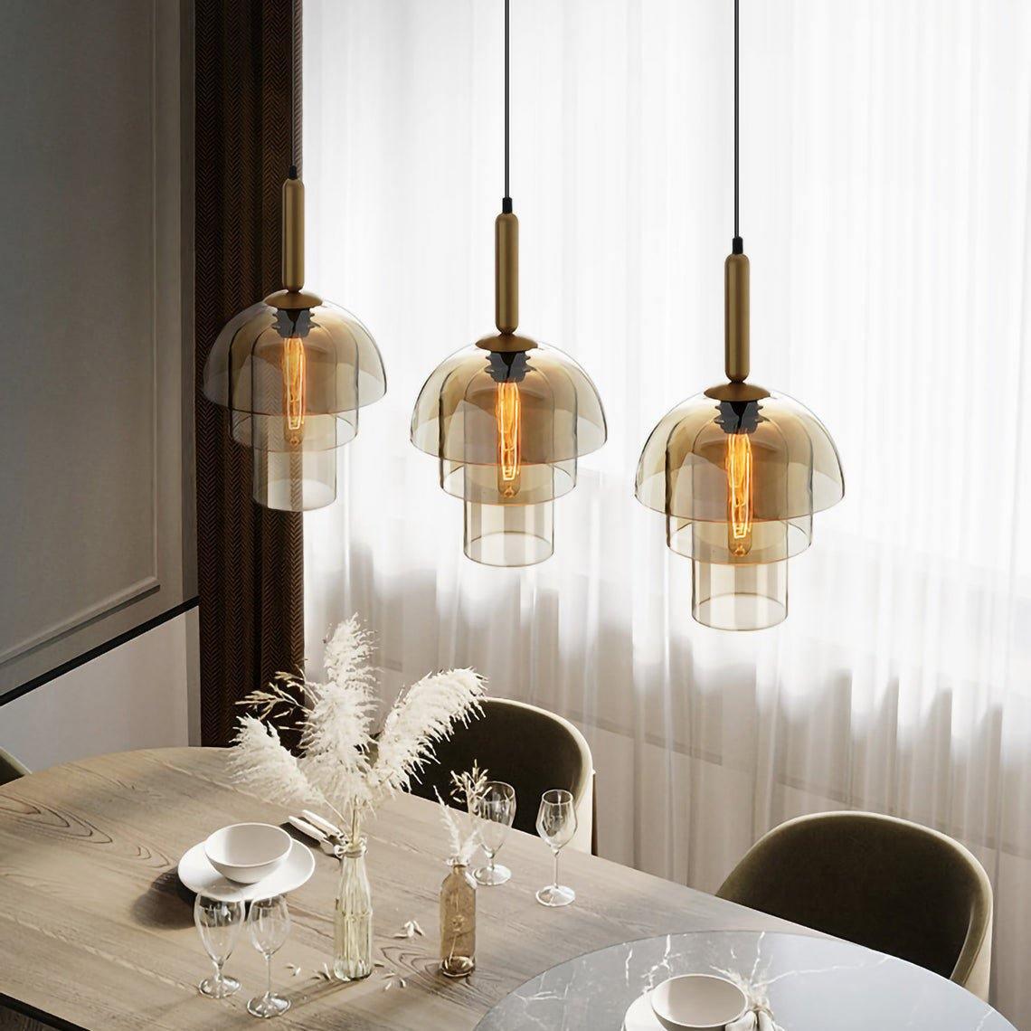 Solara Pendant Lamp Glass Cognac Dome Brass Mid Century - Letslighting