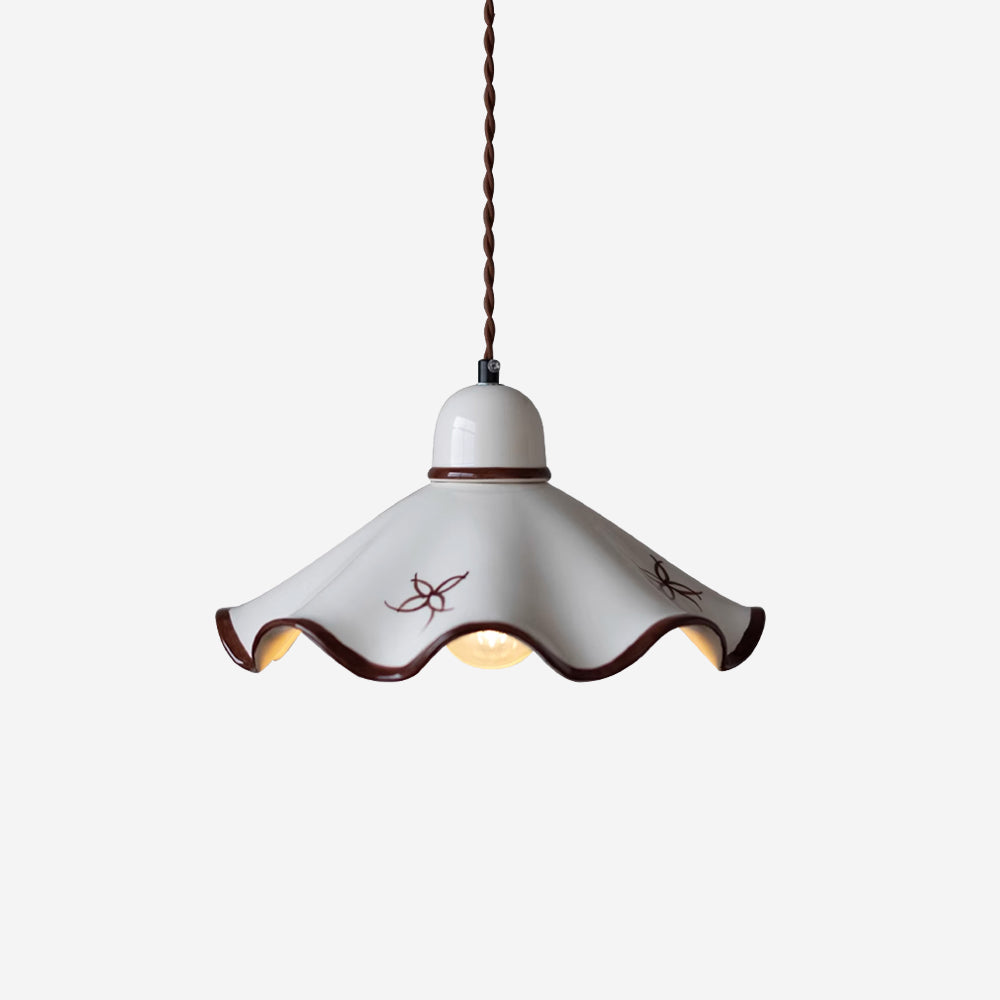 Pendant Lamp Ceramic Wavy Shade Rustic Brown Trim Retro Farmhouse - Letslighting
