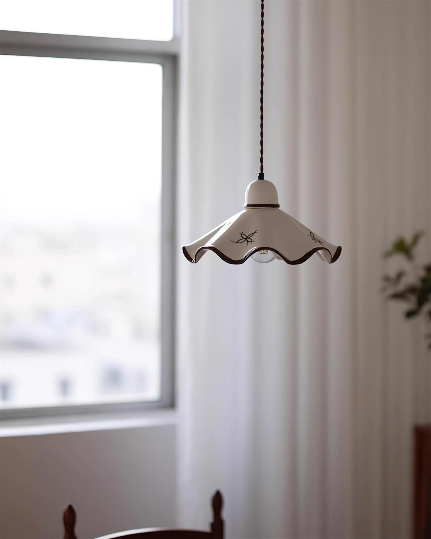 Pendant Lamp Ceramic Wavy Shade Rustic Brown Trim Retro Farmhouse - Letslighting