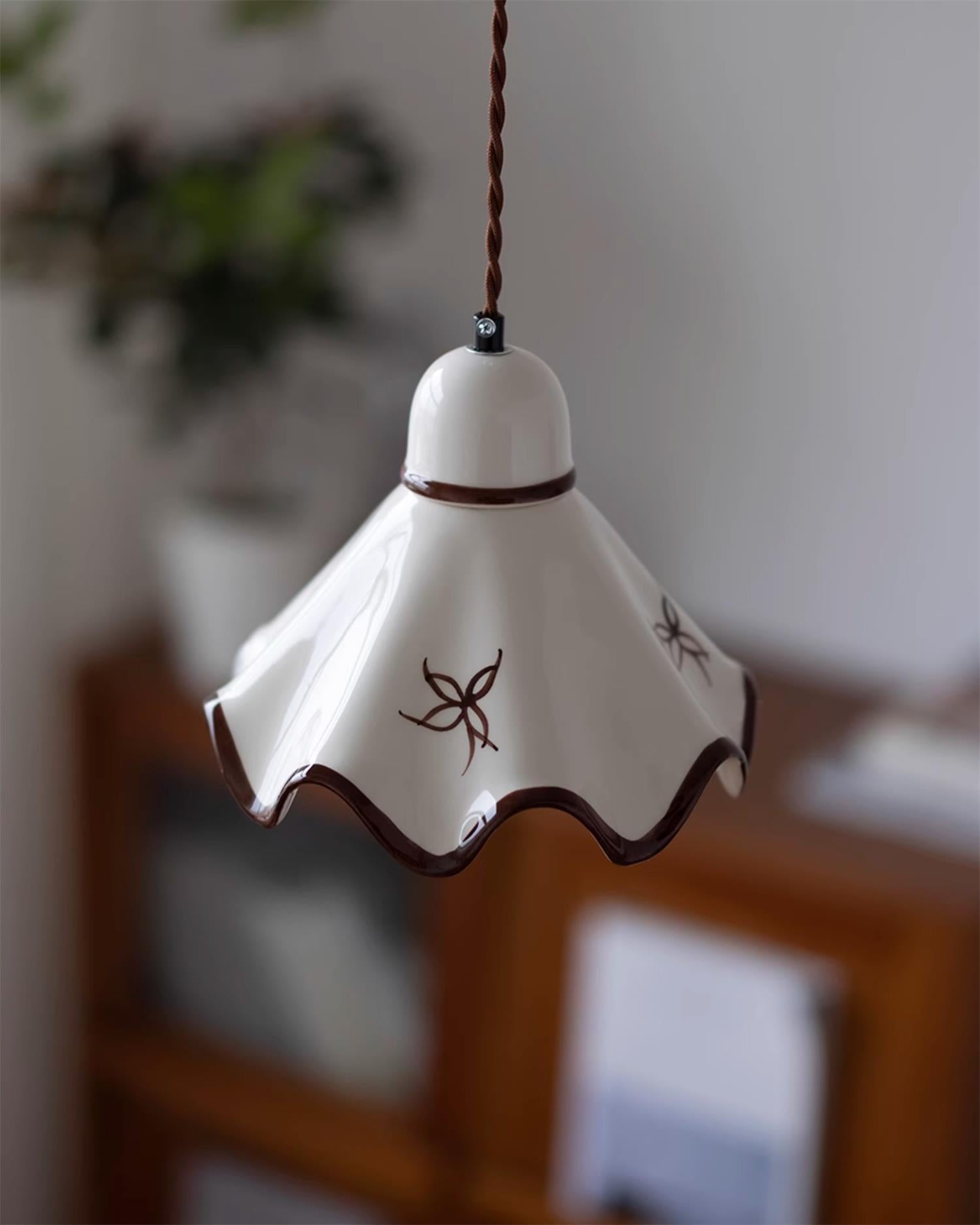 Pendant Lamp Ceramic Wavy Shade Rustic Brown Trim Retro Farmhouse - Letslighting