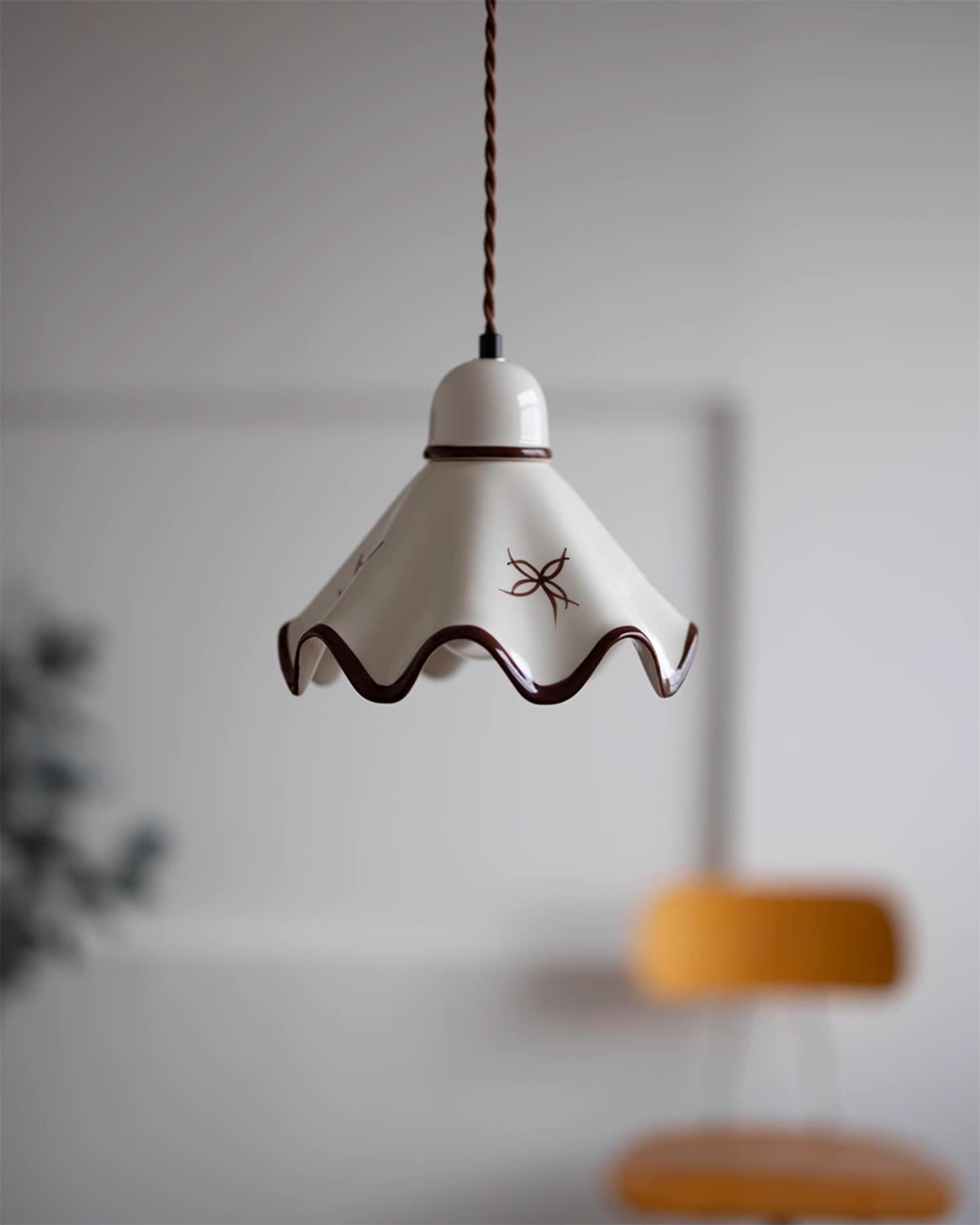 Pendant Lamp Ceramic Wavy Shade Rustic Brown Trim Retro Farmhouse - Letslighting