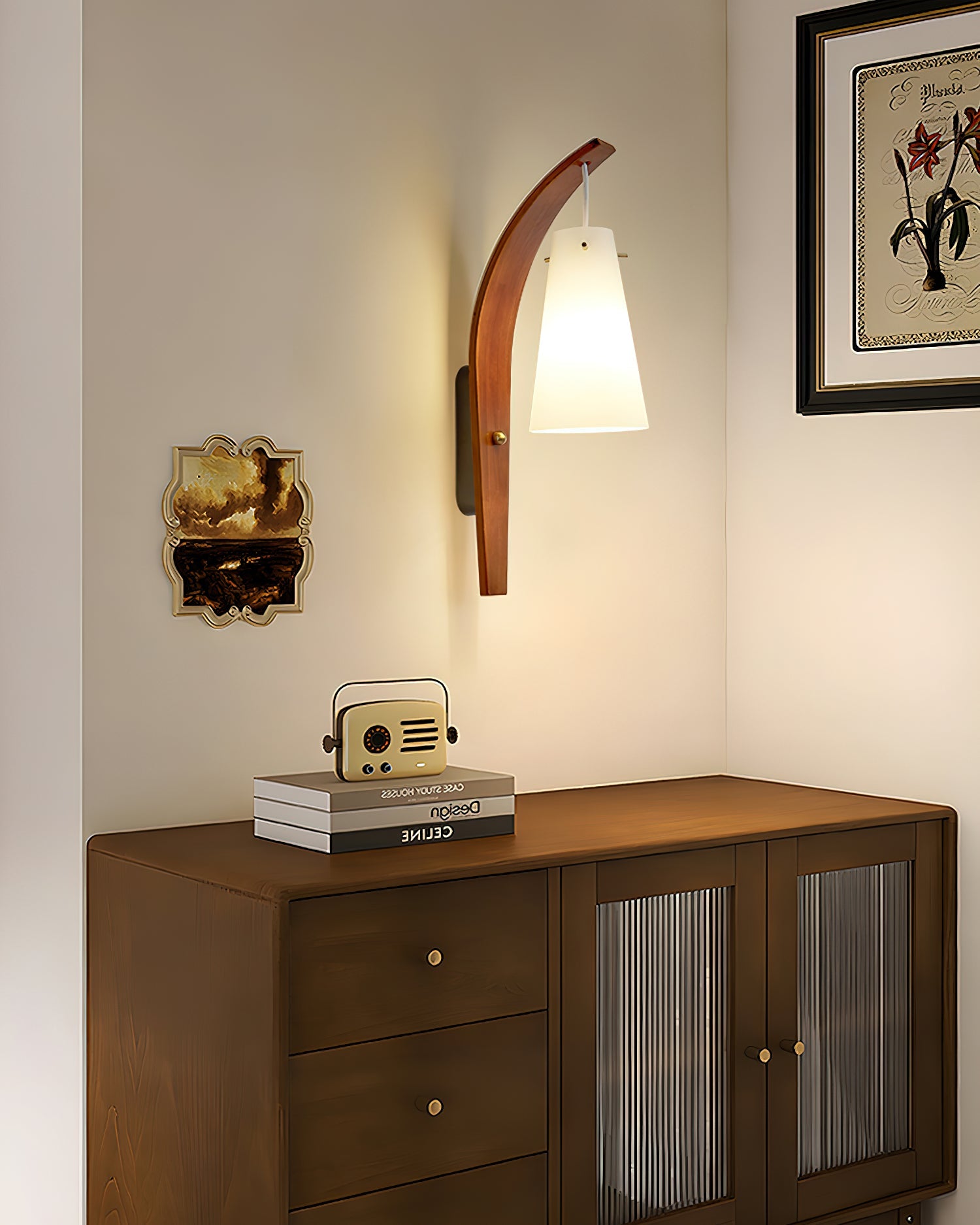 Karo Wall Lamp Curved Wooden Arm Frosted Glass - Letslighting