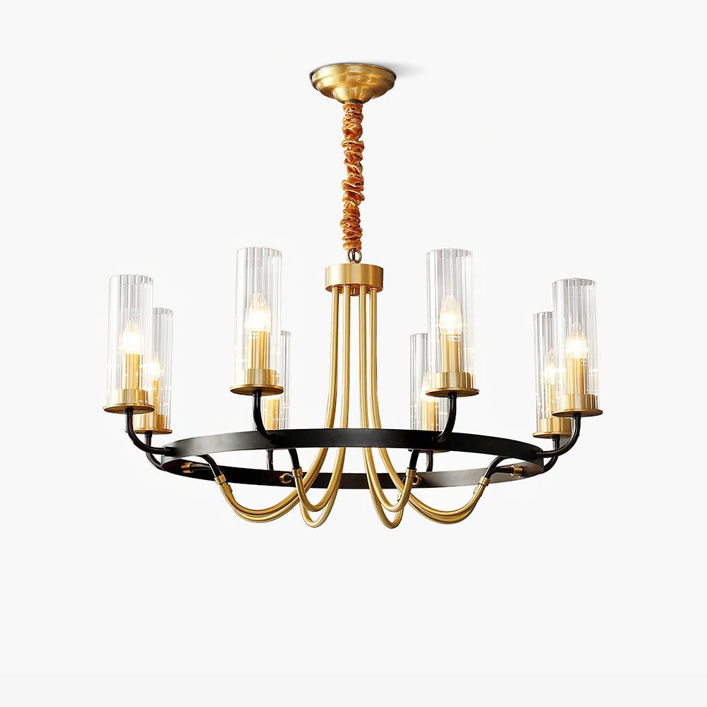 Chandelier Black Round Frame Brass Arms Ribbed Glass - Letslighting