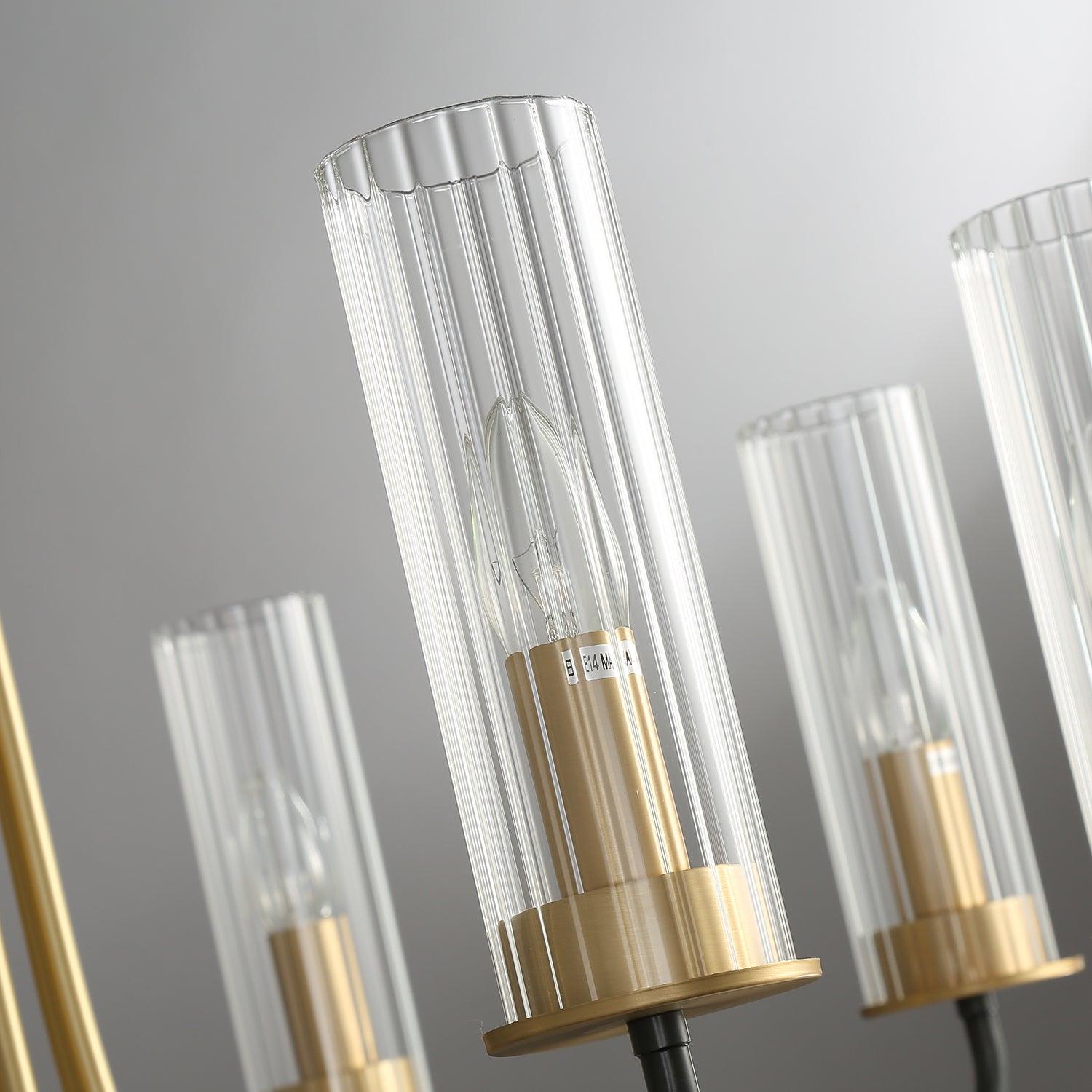 Chandelier Black Round Frame Brass Arms Ribbed Glass - Letslighting