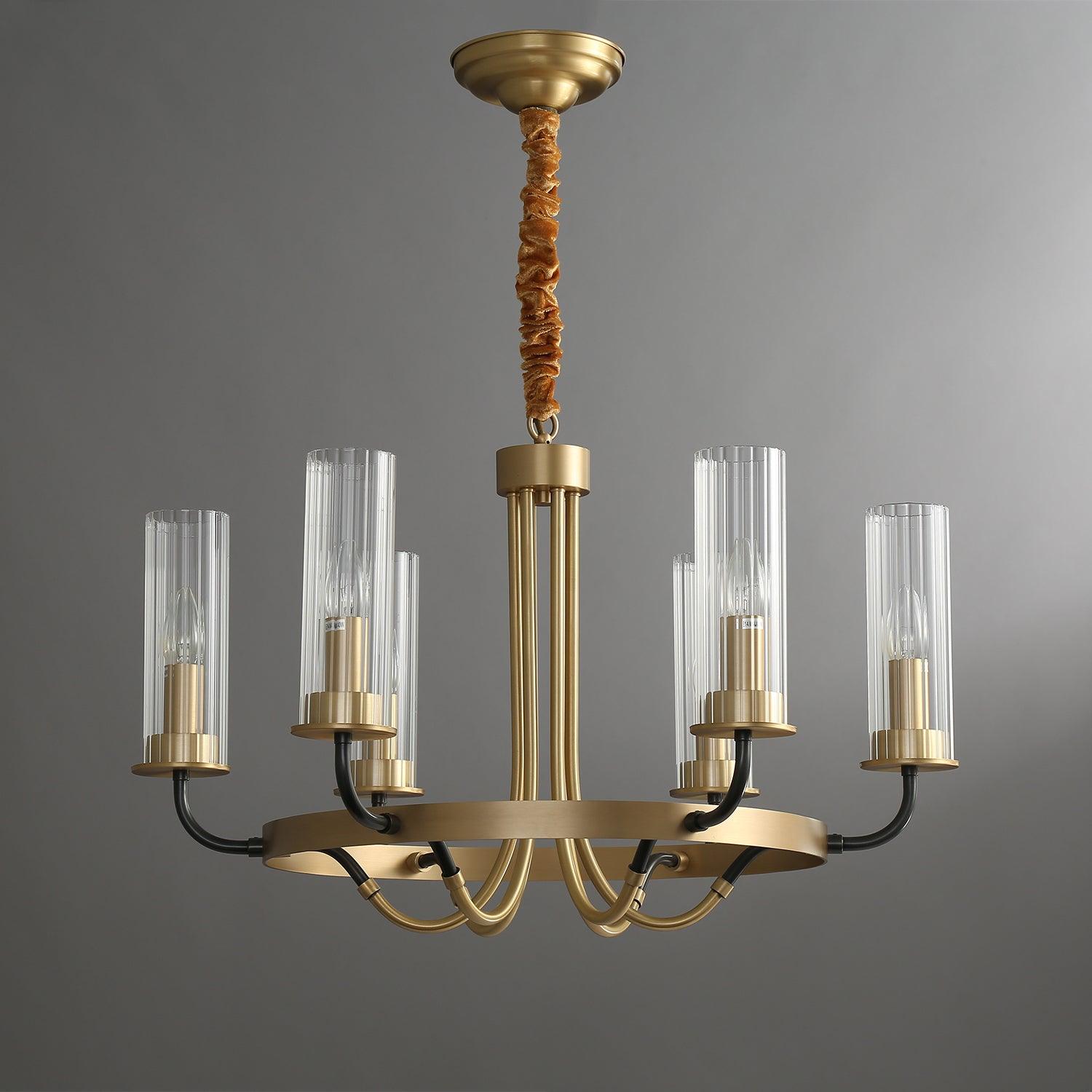 Chandelier Black Round Frame Brass Arms Ribbed Glass - Letslighting