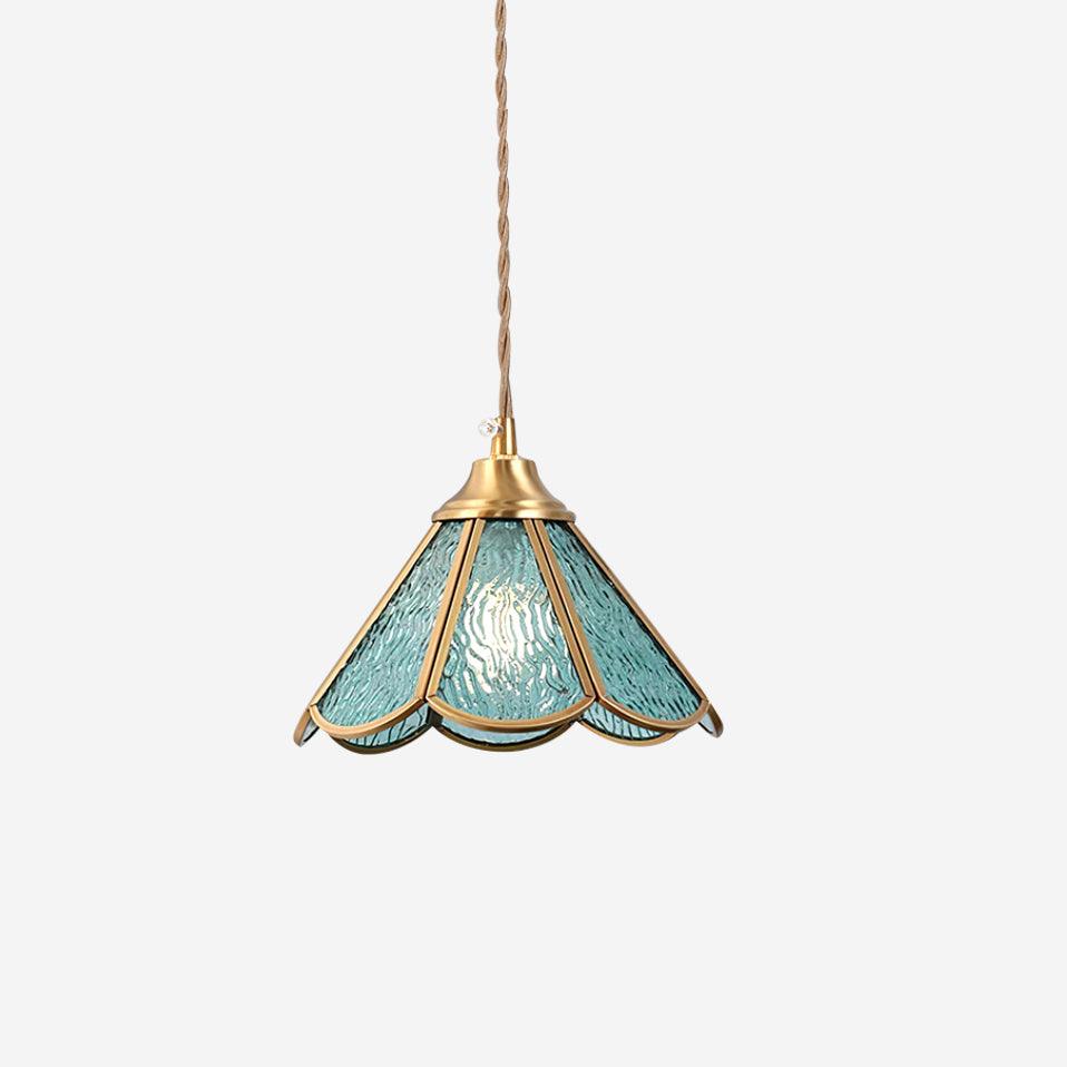 Pendant Lamp Textured Blue Glass Scalloped Brass Art Nouveau - Letslighting