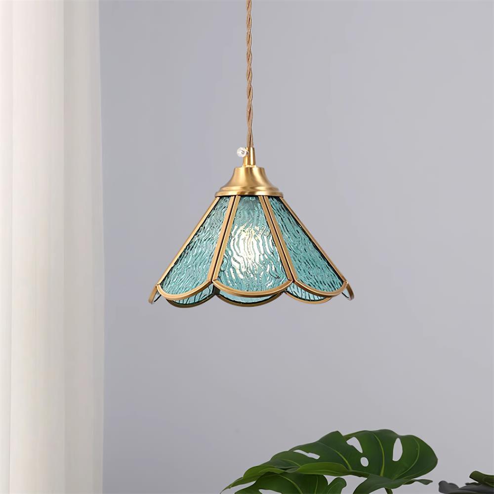 Pendant Lamp Textured Blue Glass Scalloped Brass Art Nouveau - Letslighting