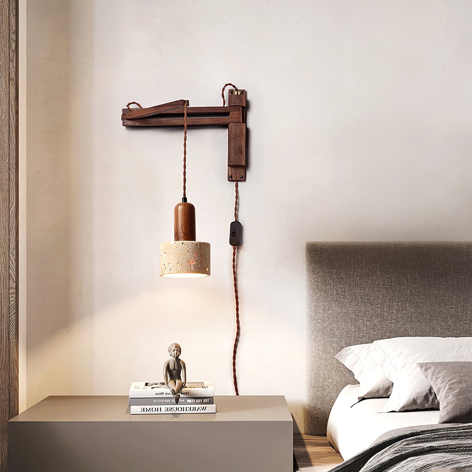 Fossil Travertine Swing Arm Wall Lamp Plug-in