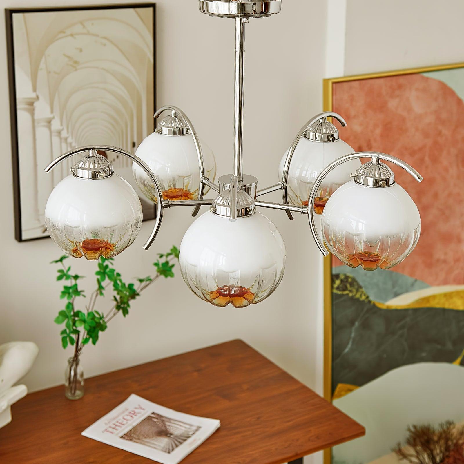 Chandelier Chrome Curved Arms with Frosted Globe Shades - Letslighting