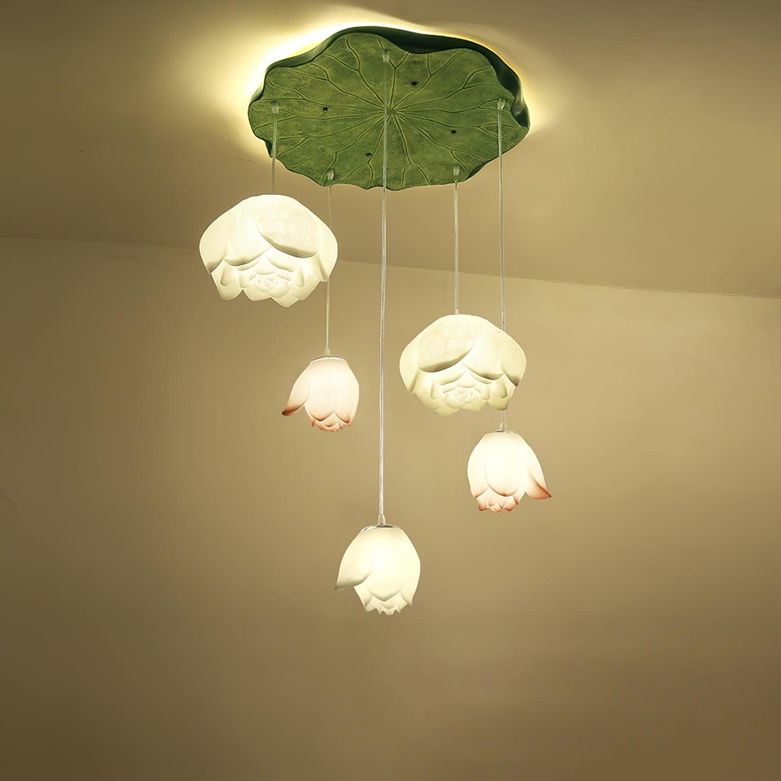 Lustra Chandelier Lotus Floral Pendant Pink White 7-Light - Letslighting
