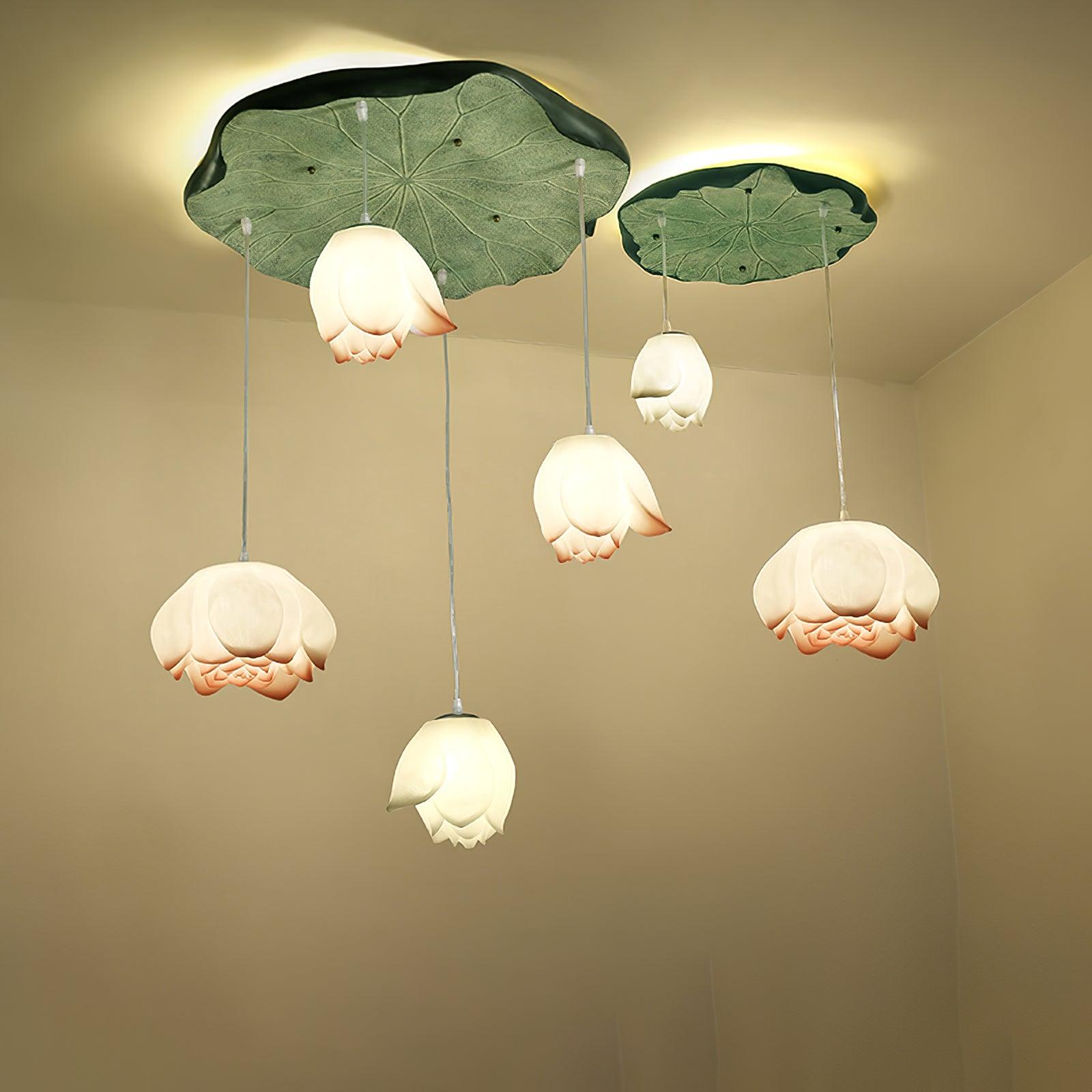 Lustra Chandelier Lotus Floral Pendant Pink White 7-Light - Letslighting
