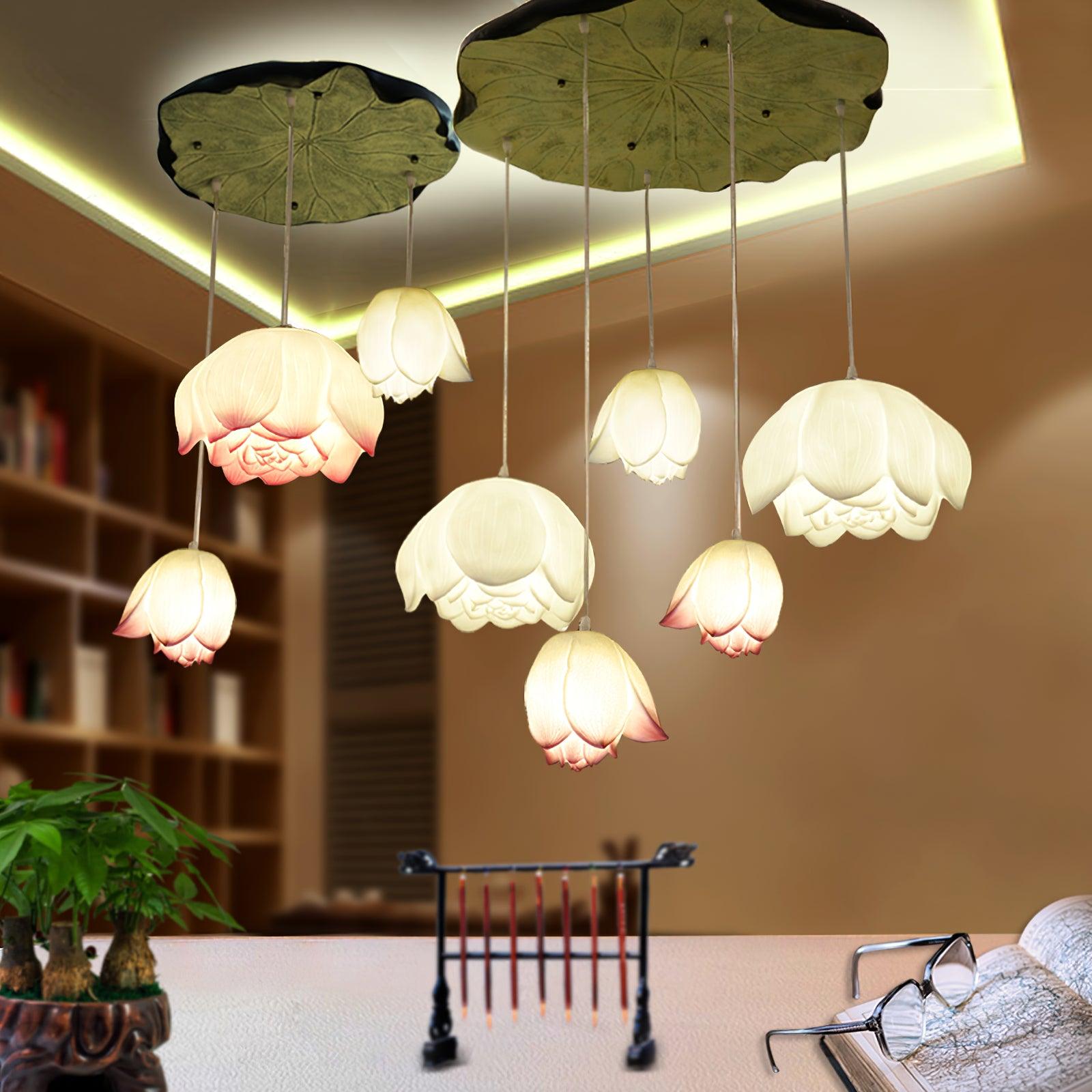 Lustra Chandelier Lotus Floral Pendant Pink White 7-Light - Letslighting