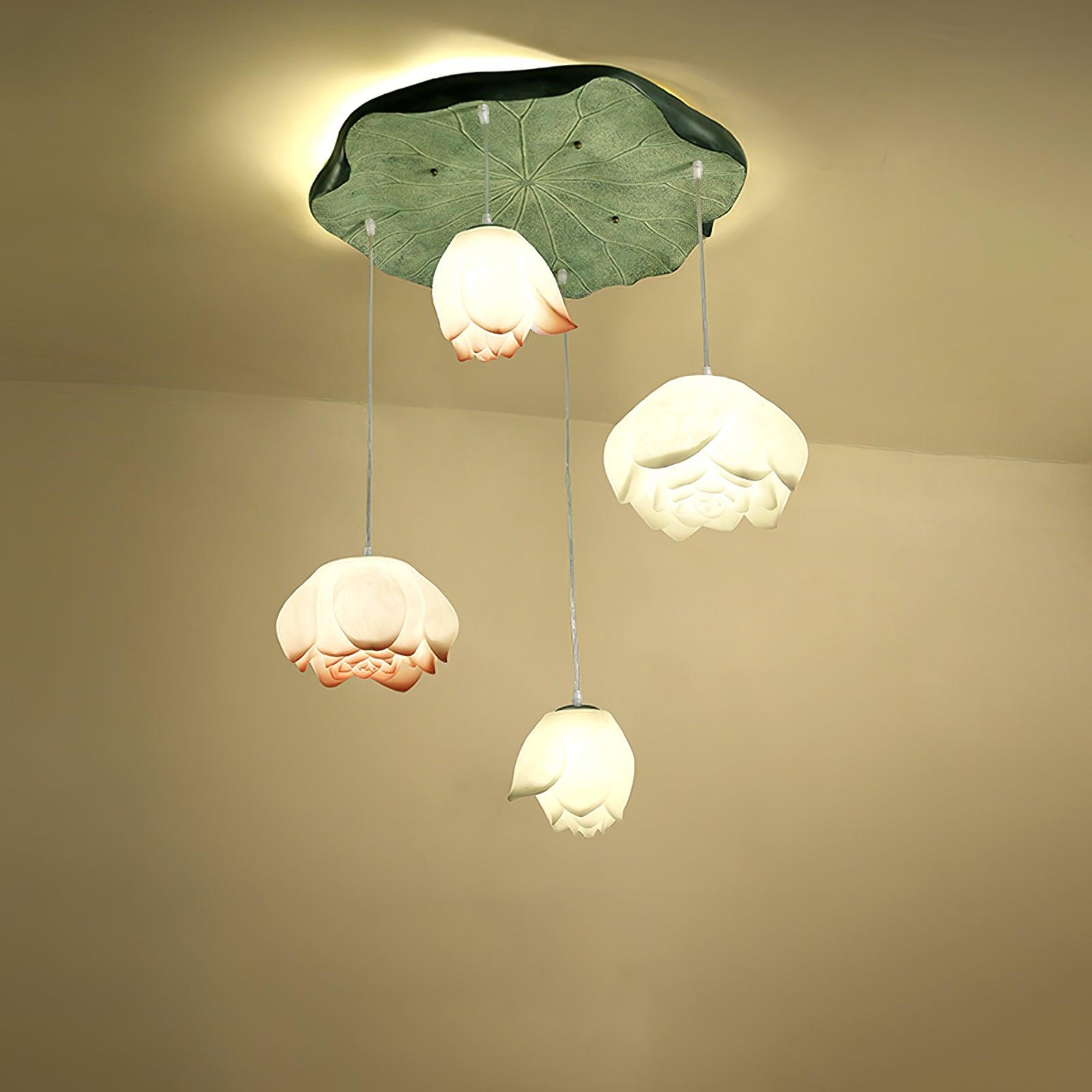 Lustra Chandelier Lotus Floral Pendant Pink White 7-Light - Letslighting