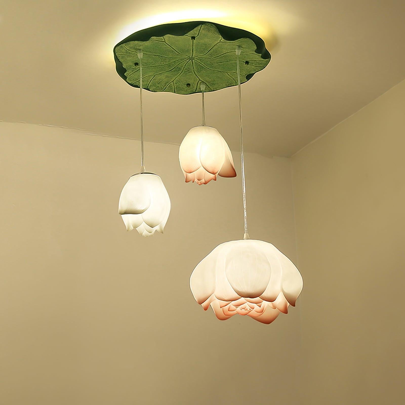 Lustra Chandelier Lotus Floral Pendant Pink White 7-Light - Letslighting