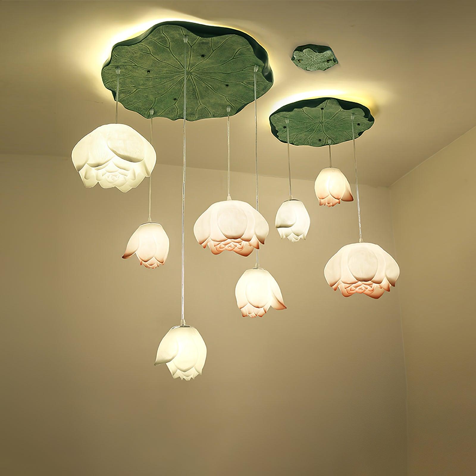 Lustra Chandelier Lotus Floral Pendant Pink White 7-Light - Letslighting