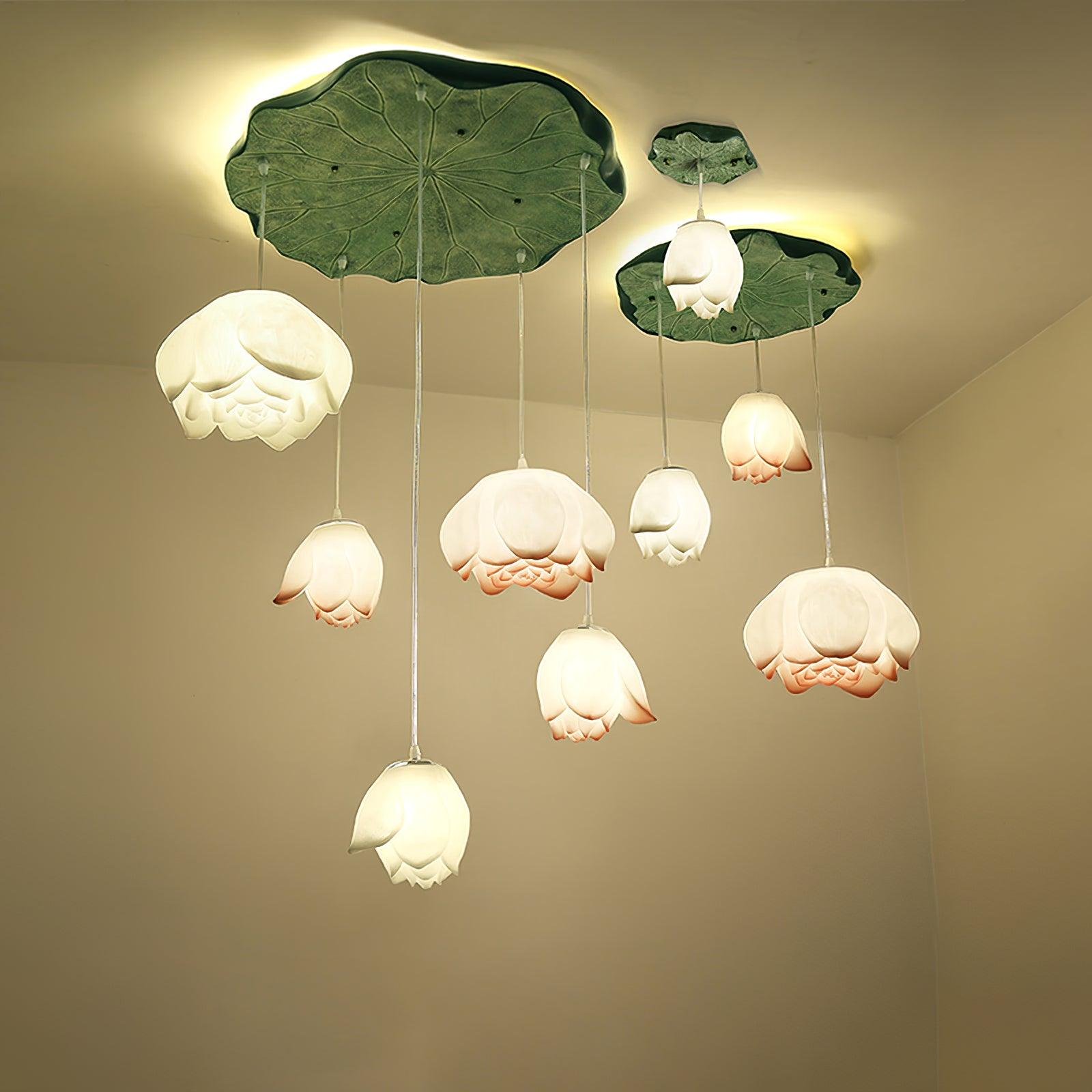Lustra Chandelier Lotus Floral Pendant Pink White 7-Light - Letslighting