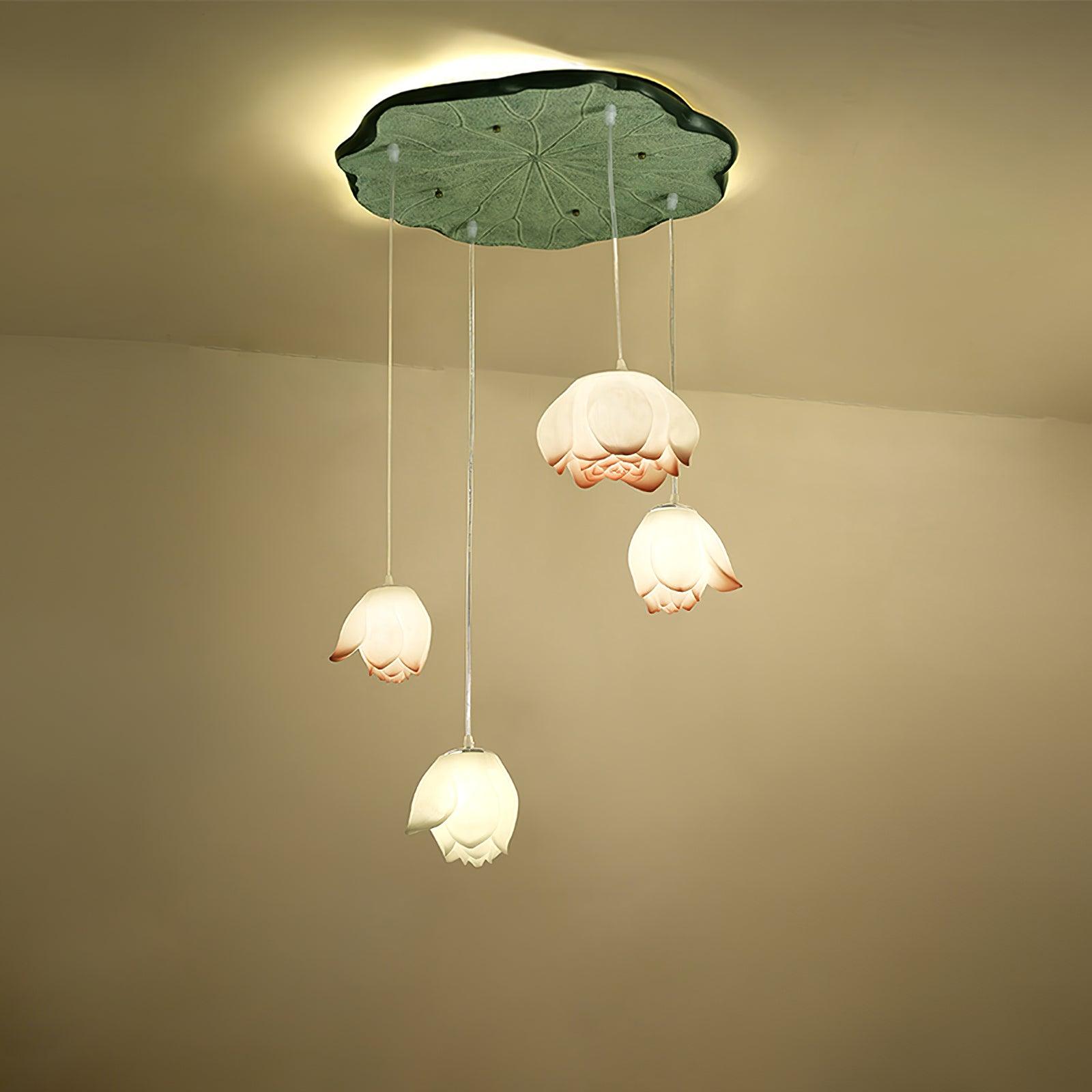 Lustra Chandelier Lotus Floral Pendant Pink White 7-Light - Letslighting