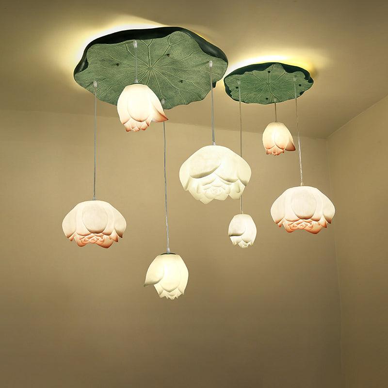 Lustra Chandelier Lotus Floral Pendant Pink White 7-Light - Letslighting