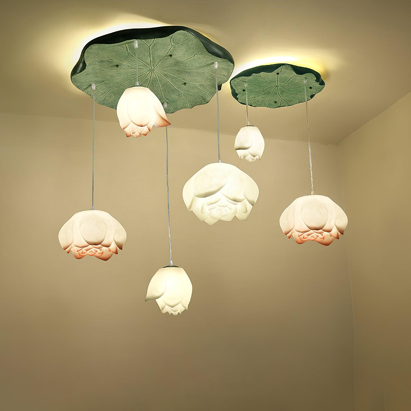 Lustra Chandelier Lotus Floral Pendant Pink White 7-Light - Letslighting