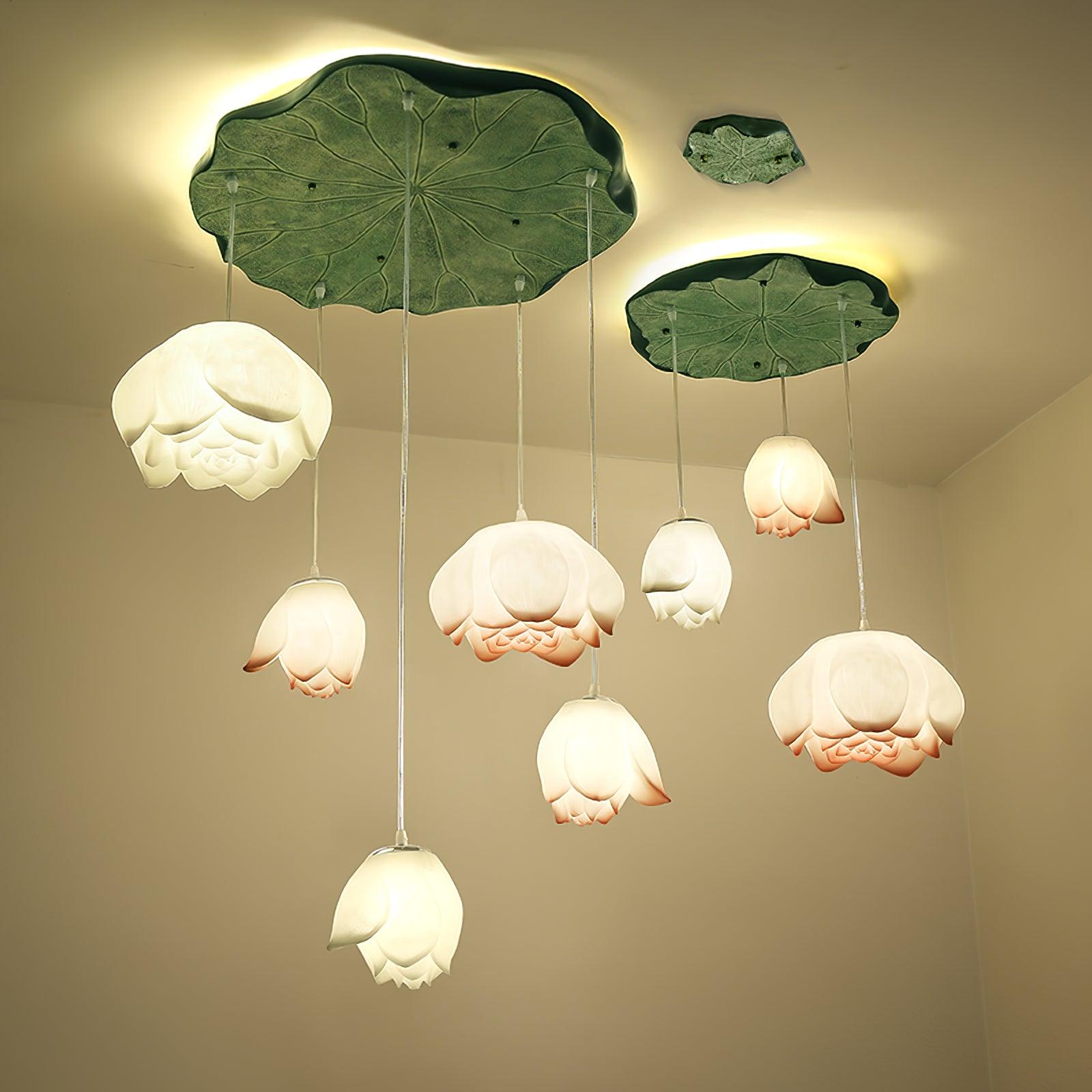 Lustra Chandelier Lotus Floral Pendant Pink White 7-Light - Letslighting