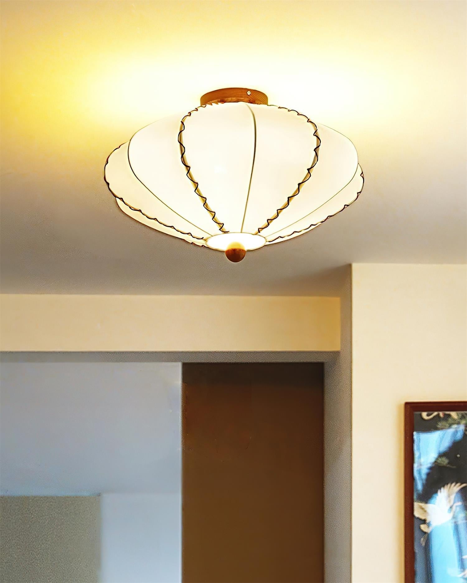 Ceiling Light Beige Fabric with Walnut Wood Accents Artistic