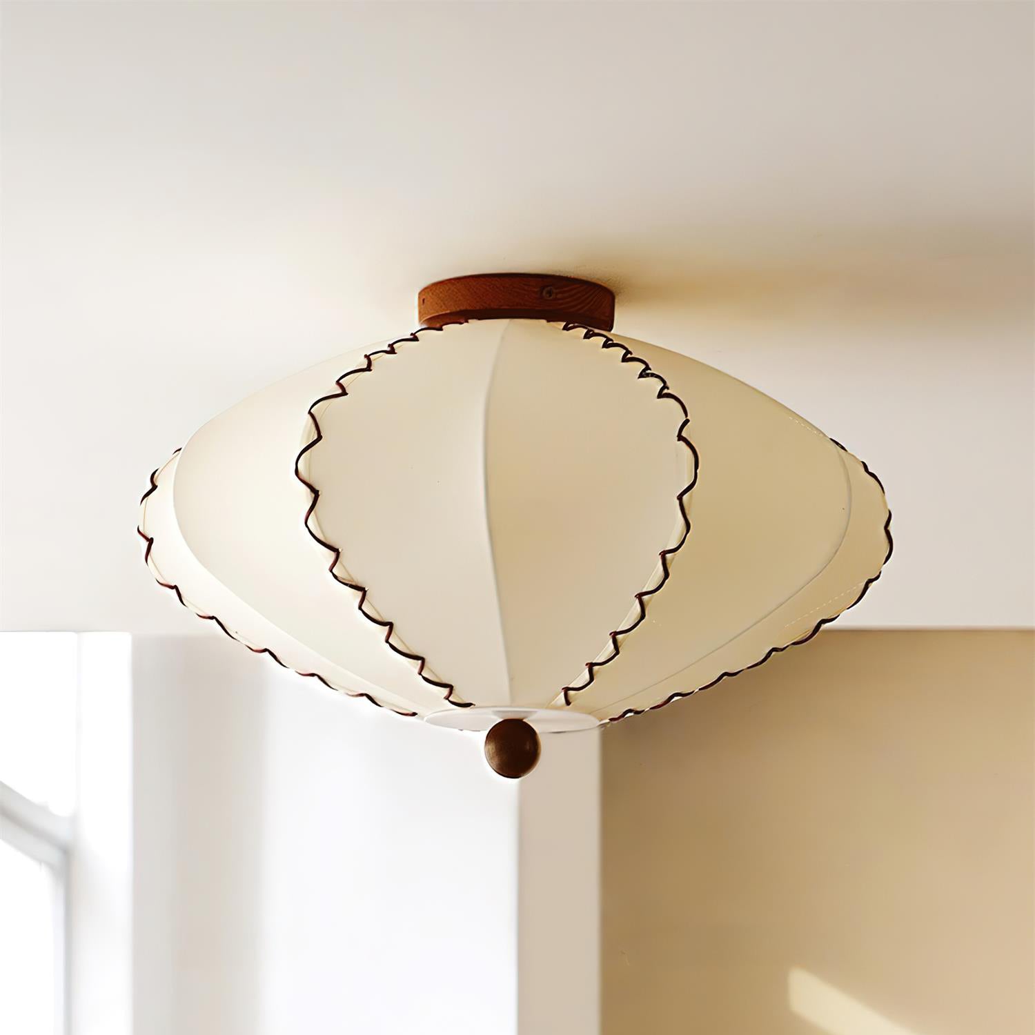 Ceiling Light Beige Fabric with Walnut Wood Accents Artistic