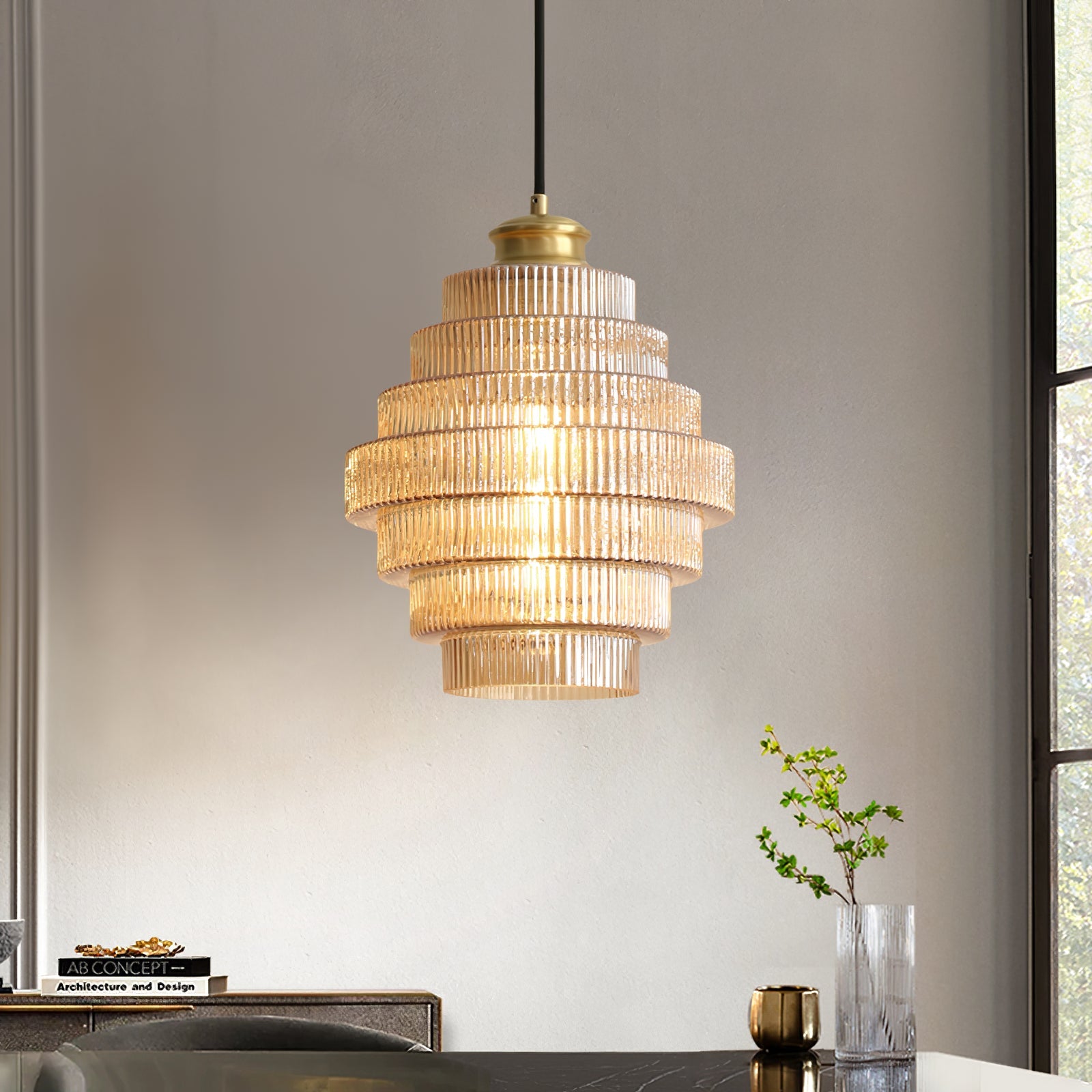 Brivelle Plug-In Ribbed Glass Pendant Light with Brass Accent - Letslighting