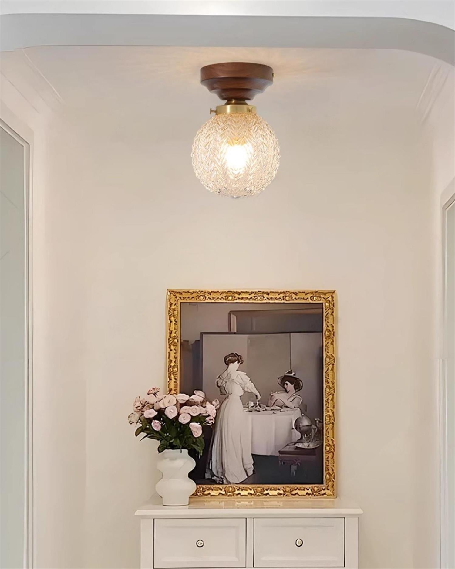 Ceiling Light Globe Shade Clear Glass Walnut Wood Canopy Brass - Letslighting