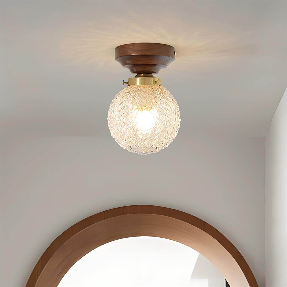 Ceiling Light Globe Shade Clear Glass Walnut Wood Canopy Brass - Letslighting