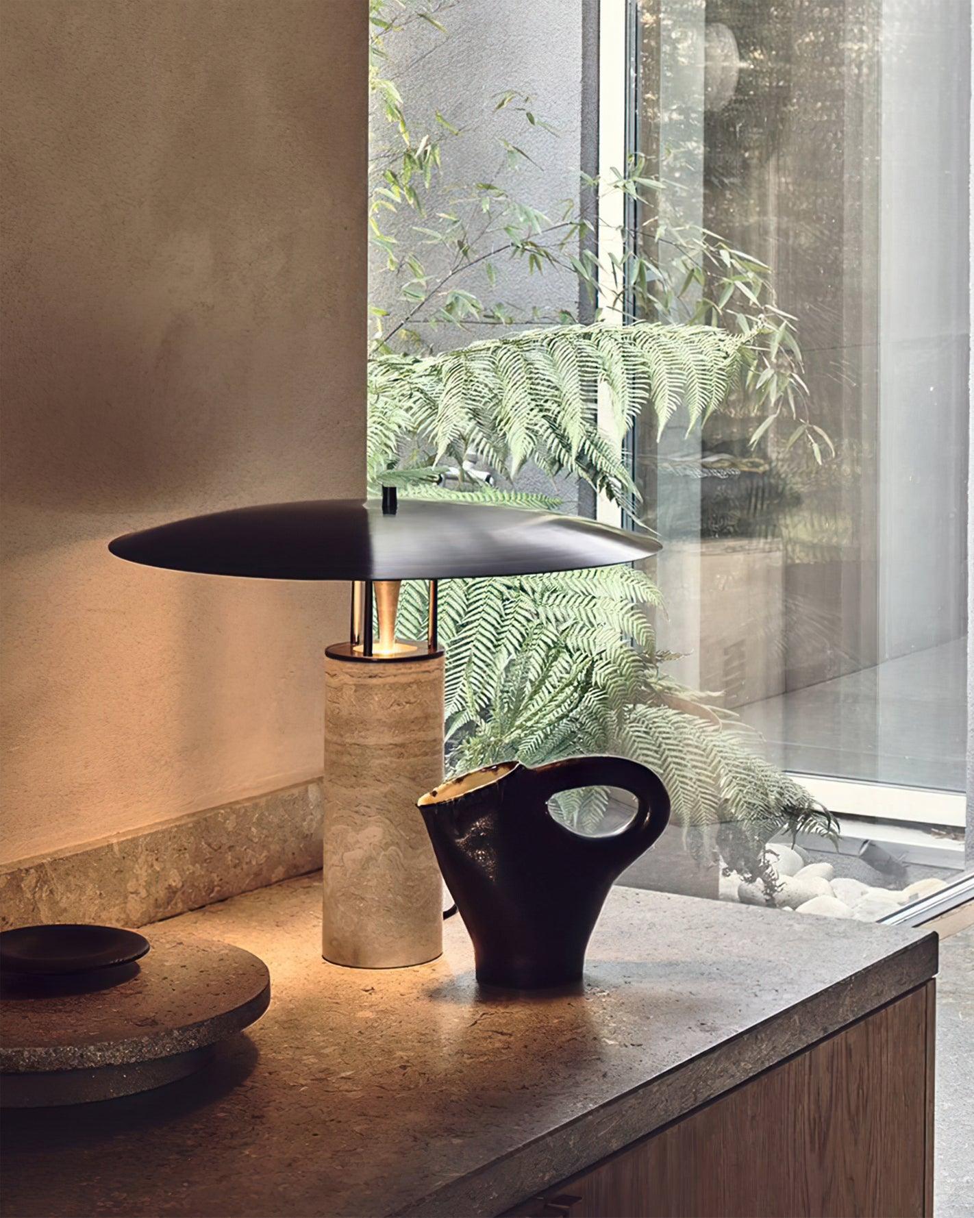 Eltheiel Disc-Pillar Travertine Table Lamp - Letslighting