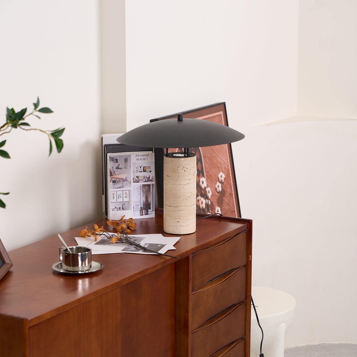 Eltheiel Disc-Pillar Travertine Table Lamp - Letslighting