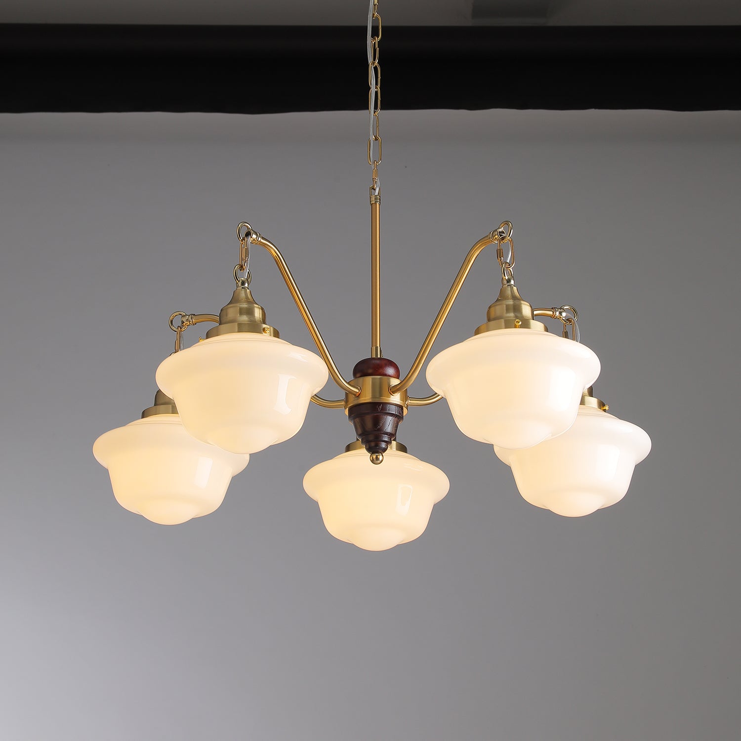 Lustra Chandelier Brass Wood Frosted Glass Classic - Letslighting