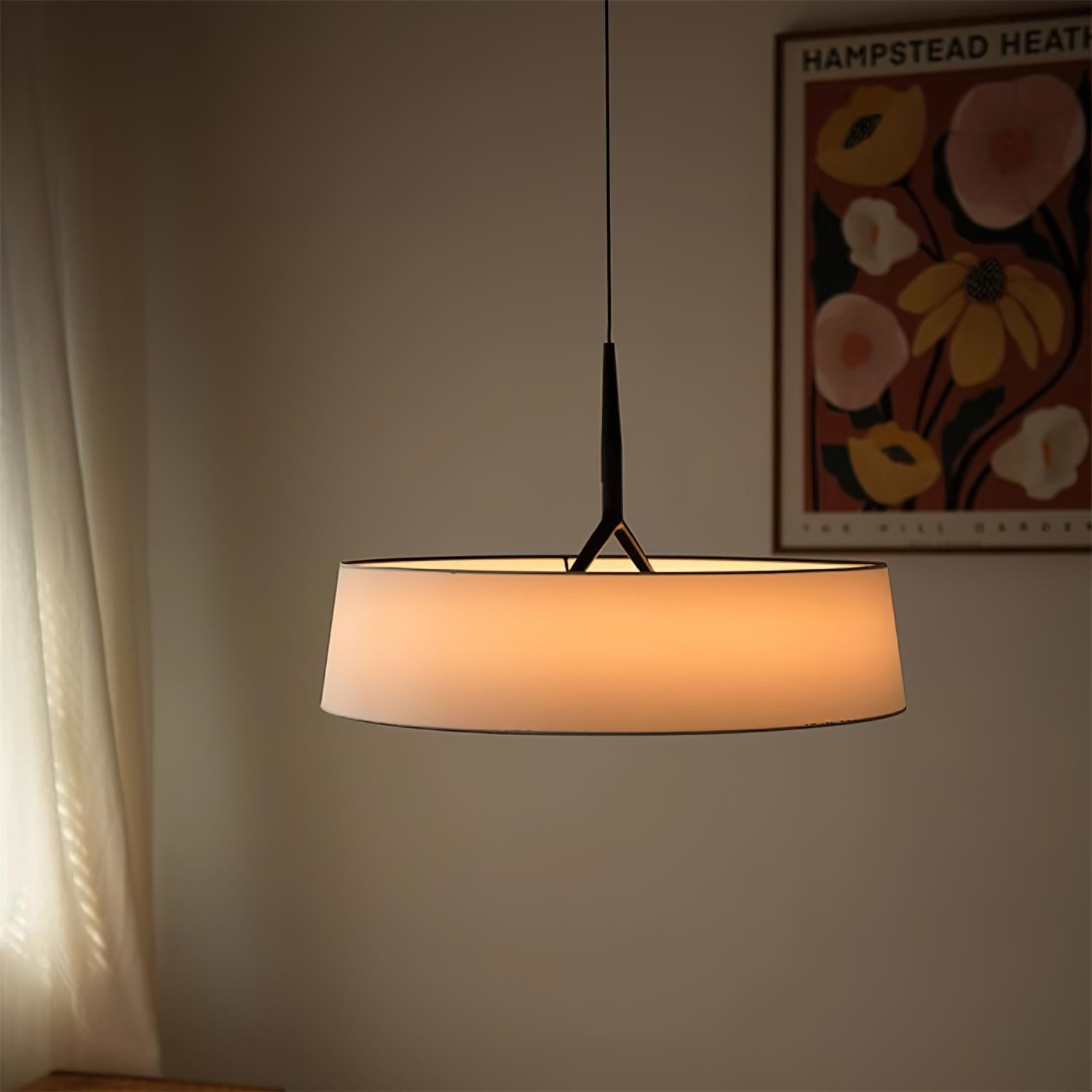 Pendant Lamp White Fabric Drum Black Stem Sleek Modern - Letslighting