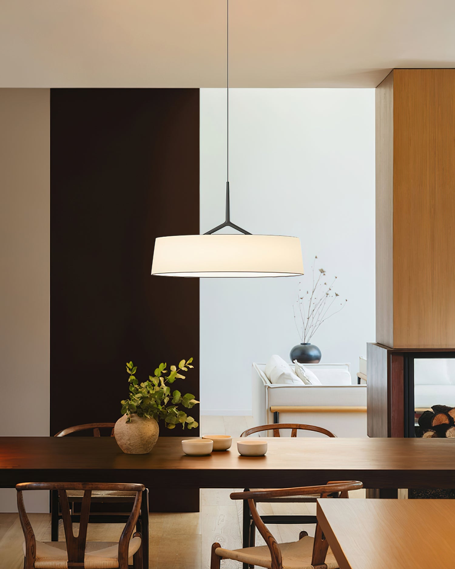 Pendant Lamp White Fabric Drum Black Stem Sleek Modern - Letslighting