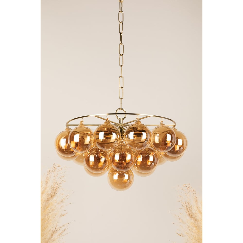 Aurora Chandelier Clear Glass Globe Aged Brass Elegant