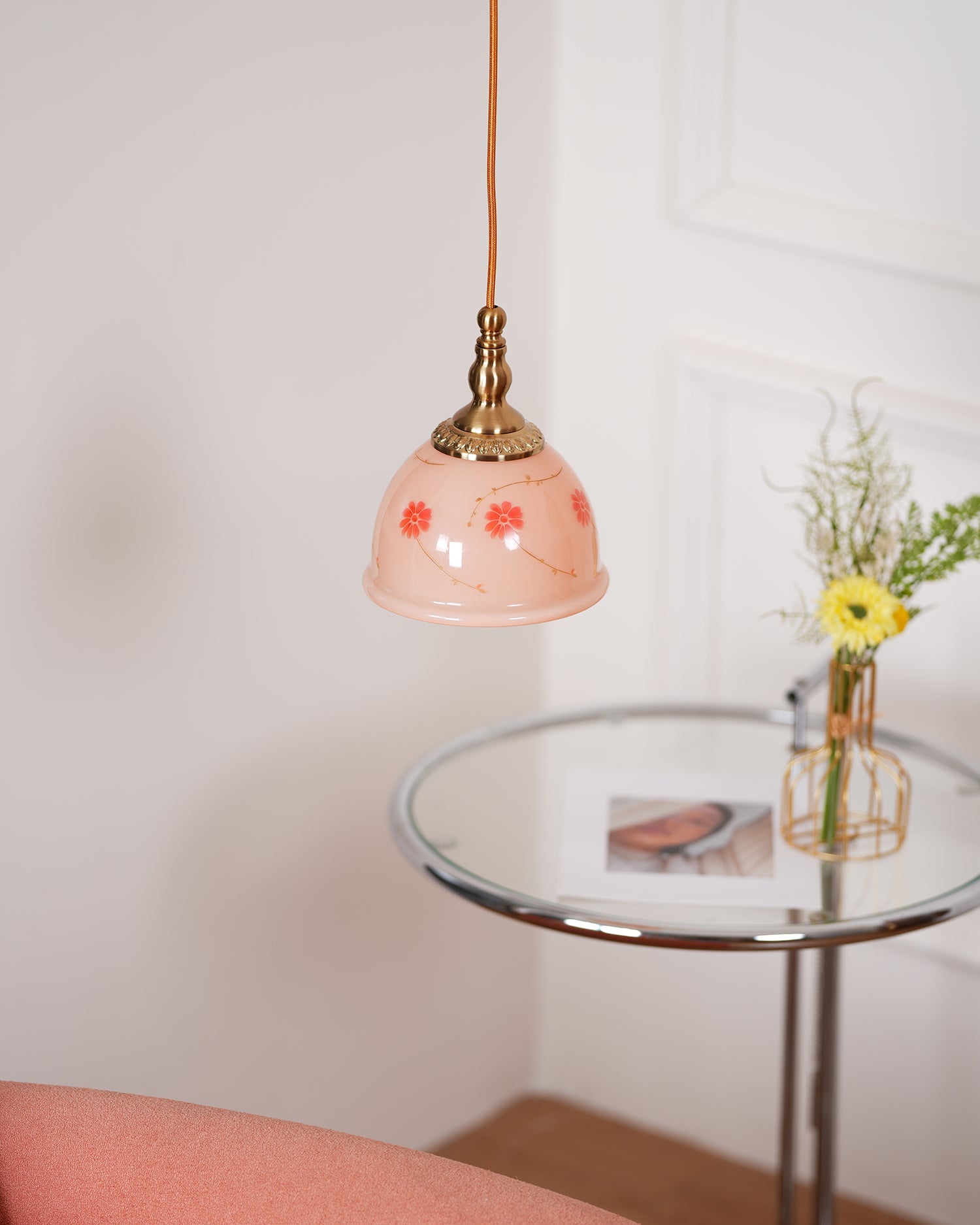 Pendant Lamp Brass and Glass Floral Pattern Dome Shade Vintage - Letslighting