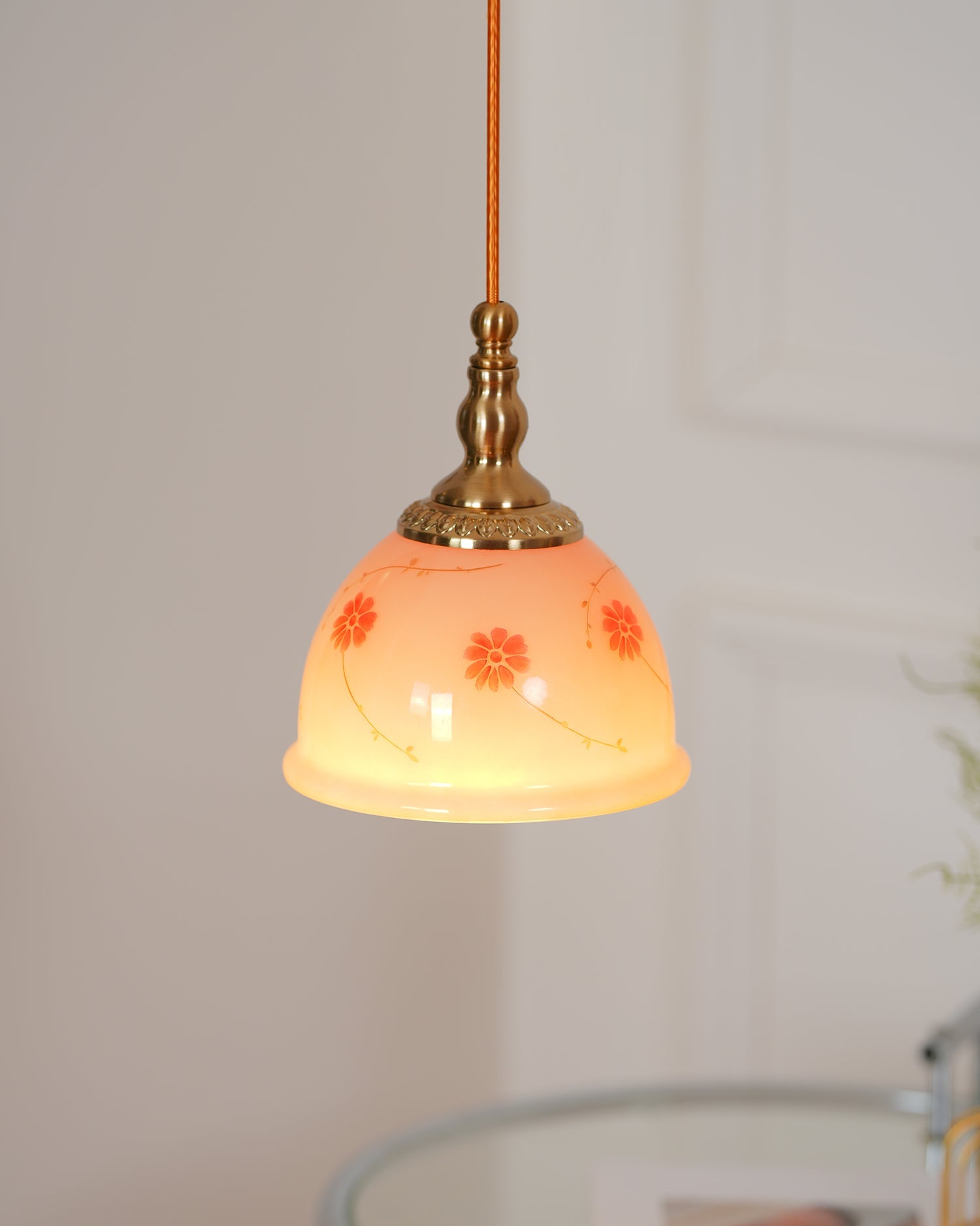 Pendant Lamp Brass and Glass Floral Pattern Dome Shade Vintage - Letslighting