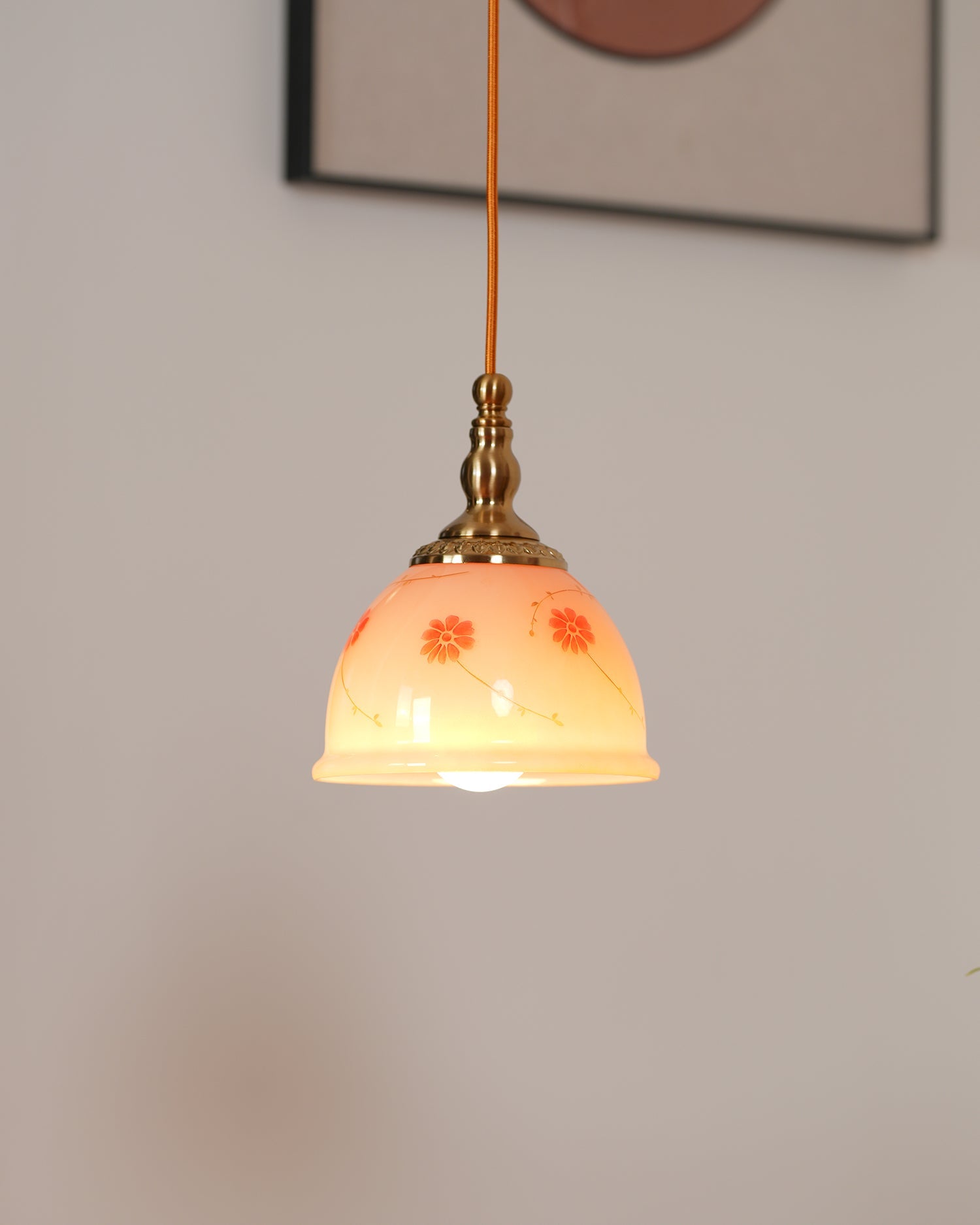 Pendant Lamp Brass and Glass Floral Pattern Dome Shade Vintage - Letslighting