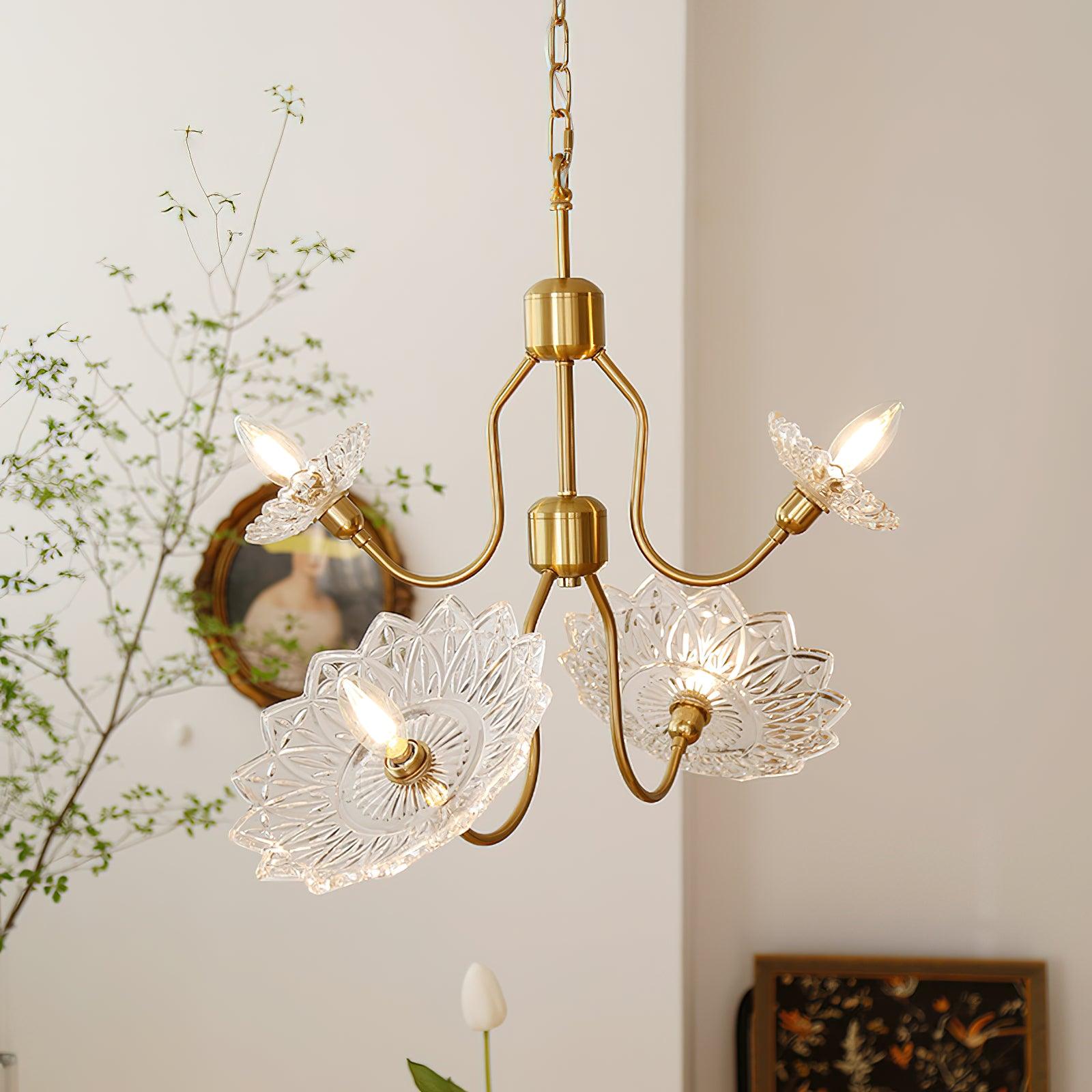 Lustra Chandelier Brass Glass Floral Vintage - Letslighting